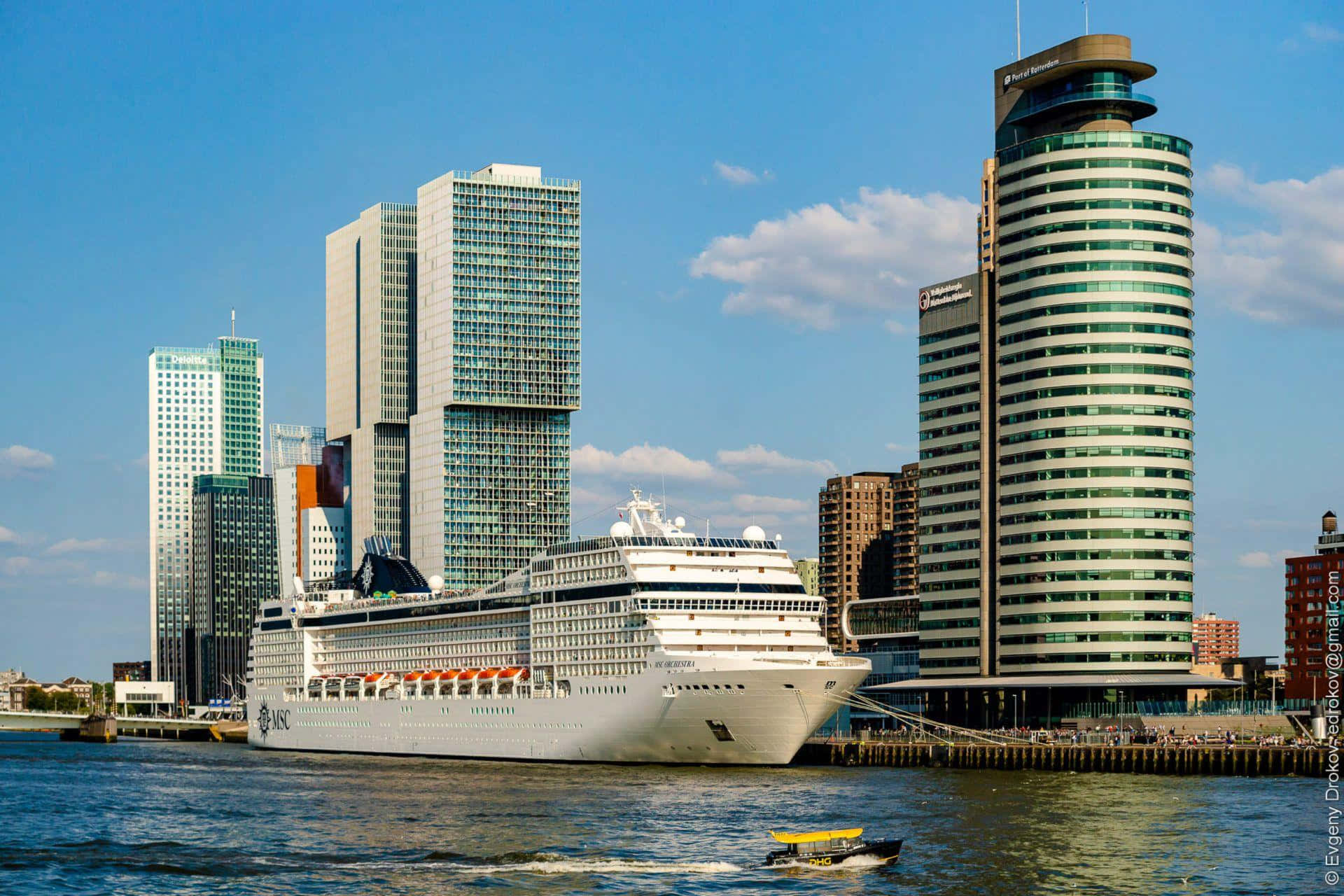 Rotterdam skyline, cruise ship, modern glass skyscrapers, Full HD Desktop Wallpaper