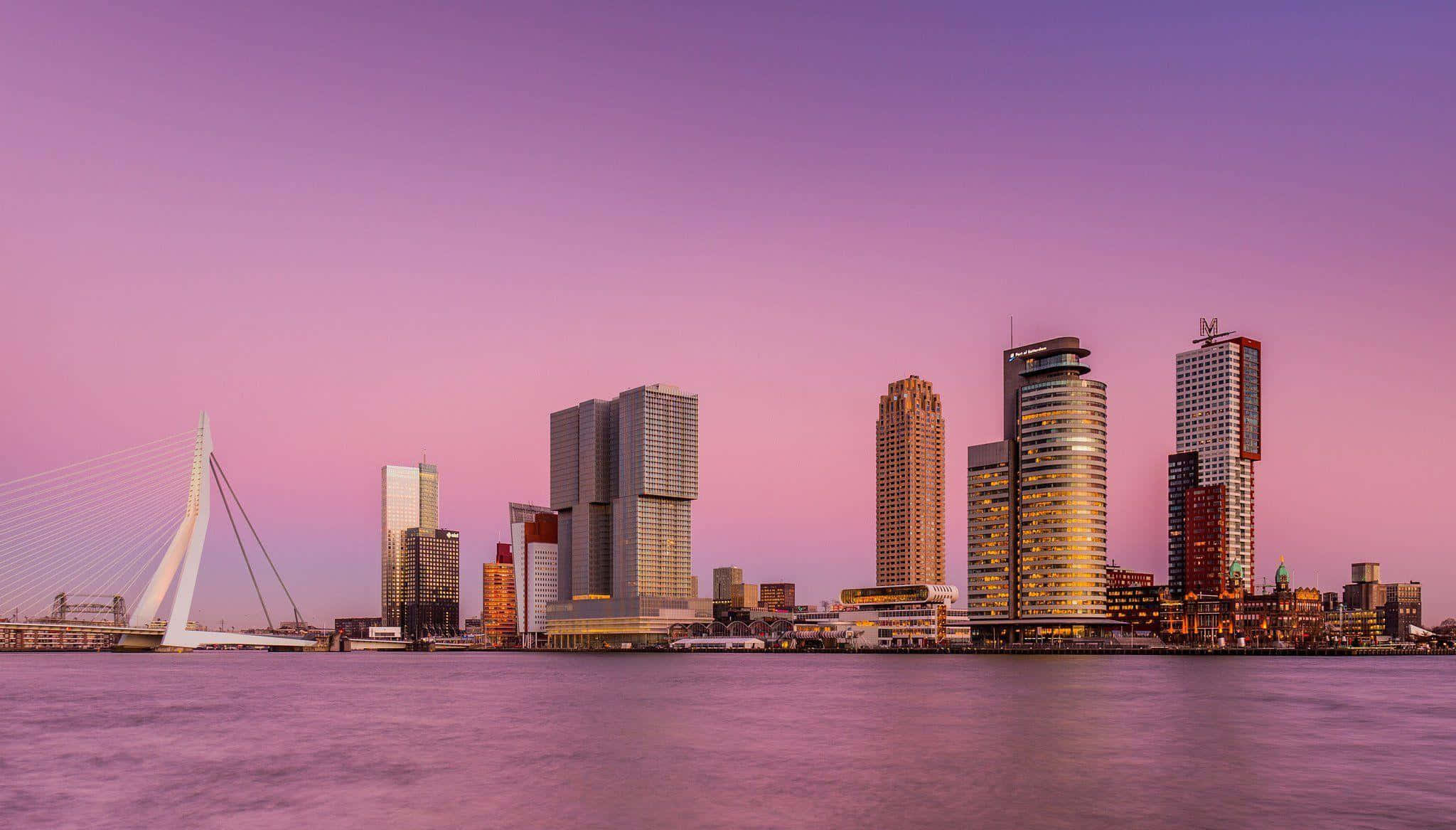 Rotterdam skyline, dusk, pink purple sky, Full HD Desktop Wallpaper