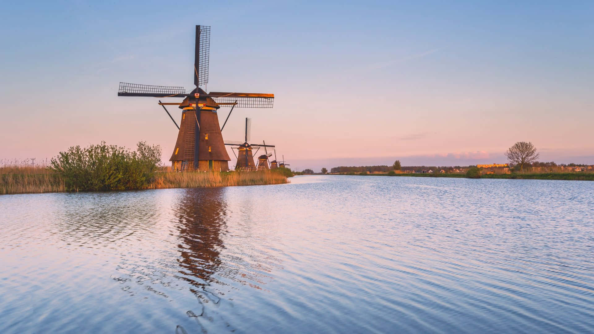 Rotterdam, windmills, sunset, Full HD Desktop Wallpaper