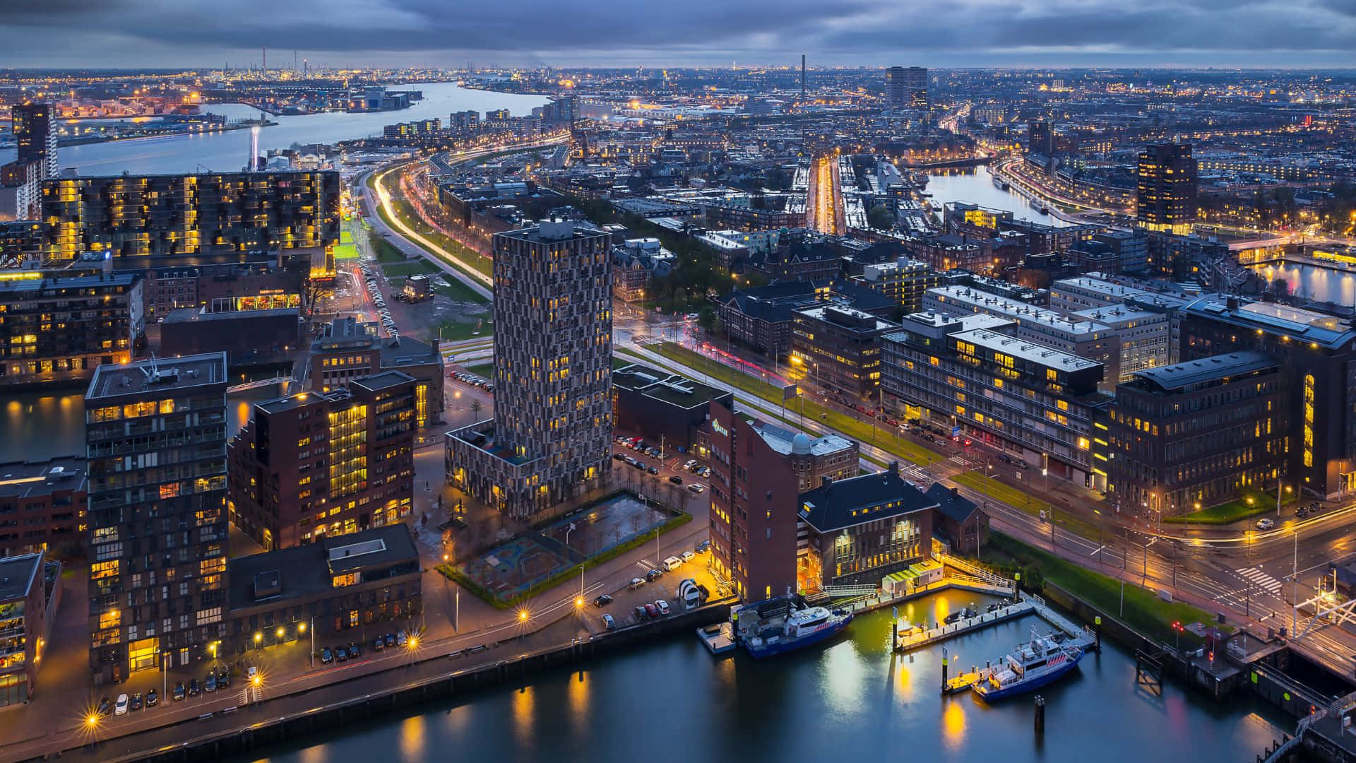 Rotterdam skyline, twilight, aerial view, Full HD Desktop Wallpaper