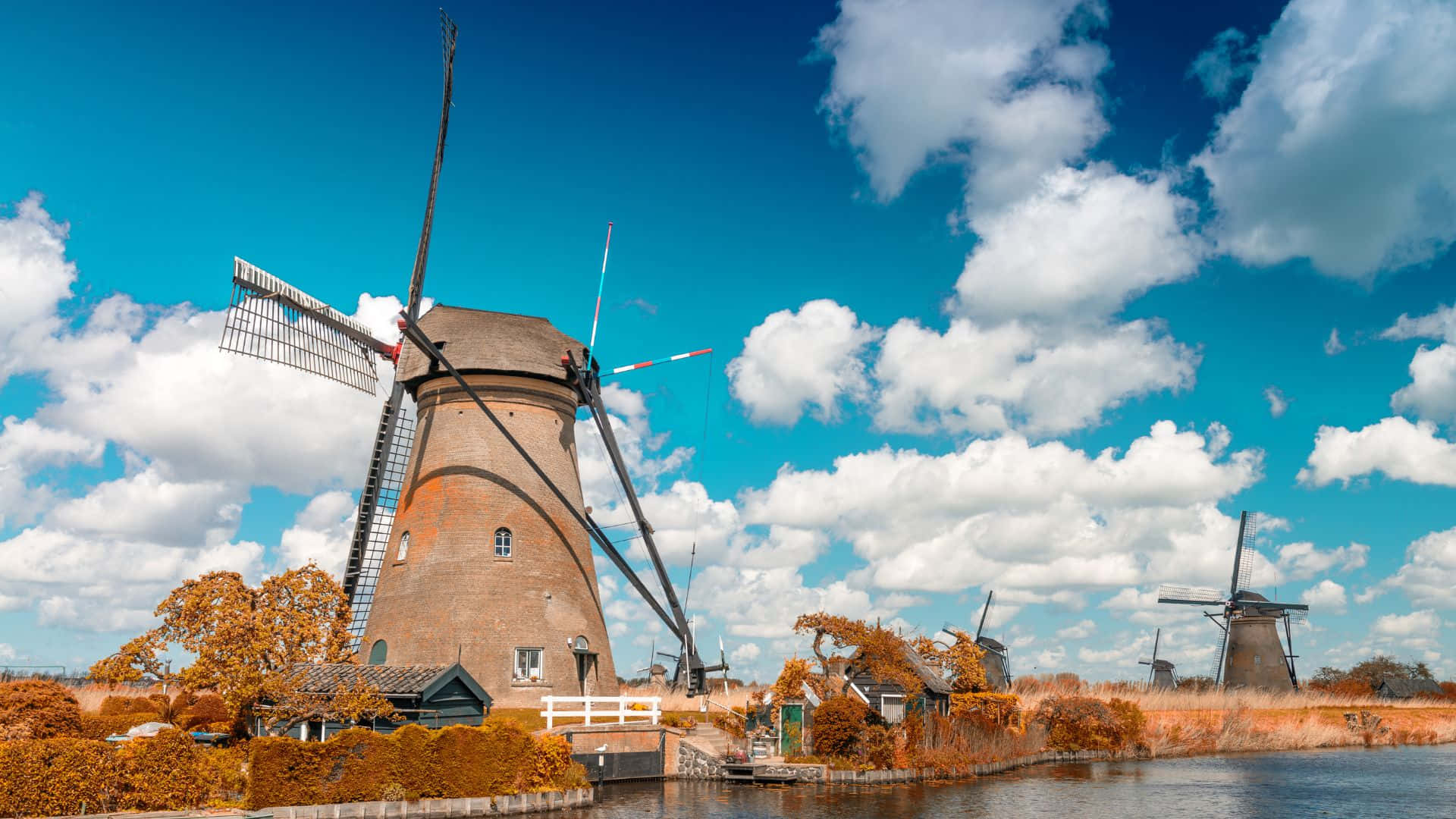 Rotterdam, windmills, canal, Full HD Desktop Wallpaper