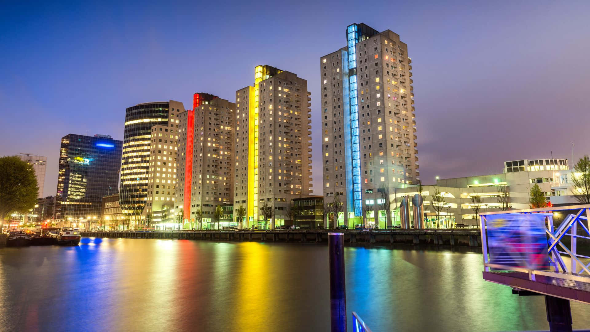 Rotterdam, nighttime, waterfront, Full HD Desktop Wallpaper