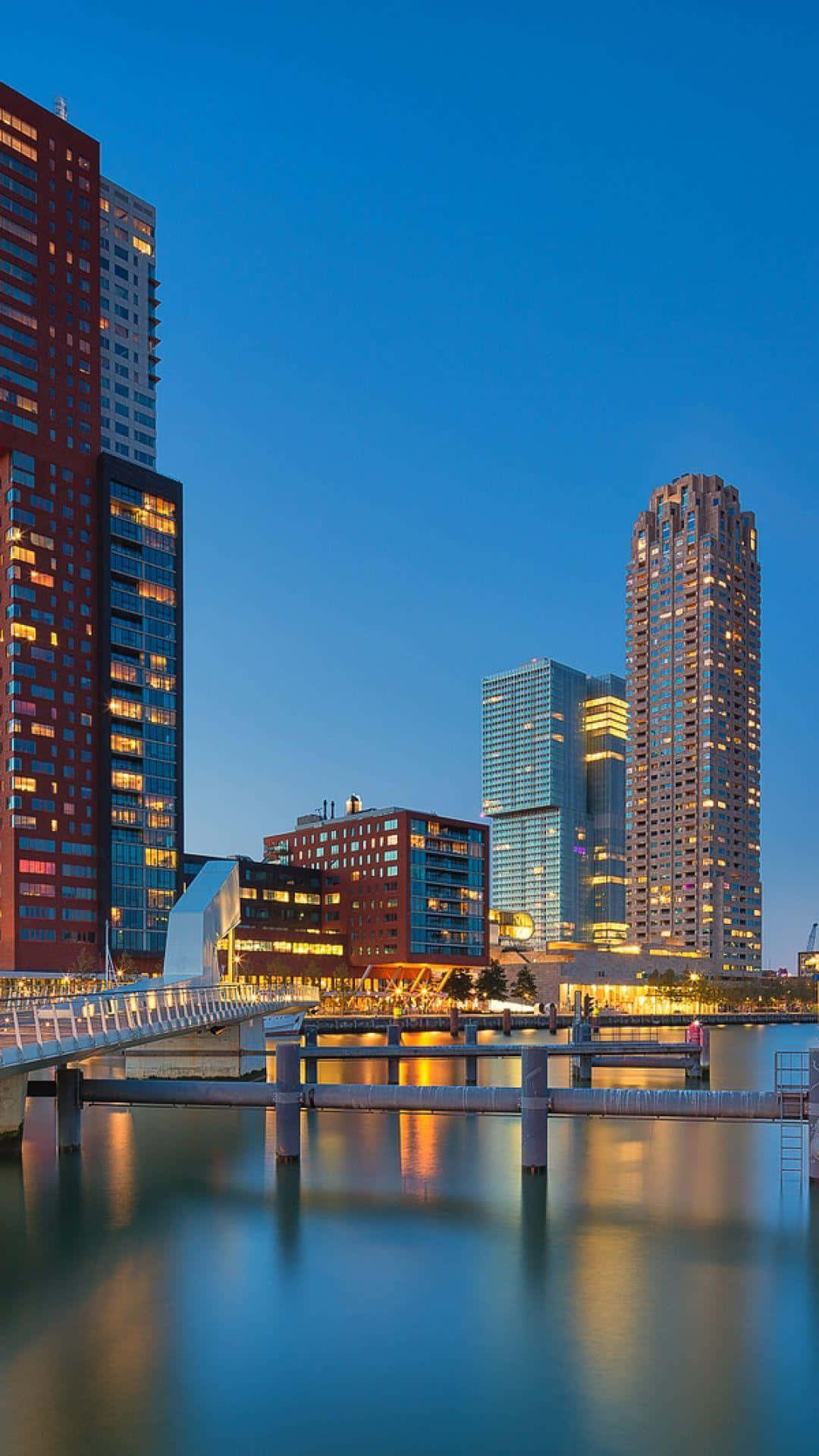 Rotterdam skyline, dusk, warm lights, Full HD Phone Wallpaper