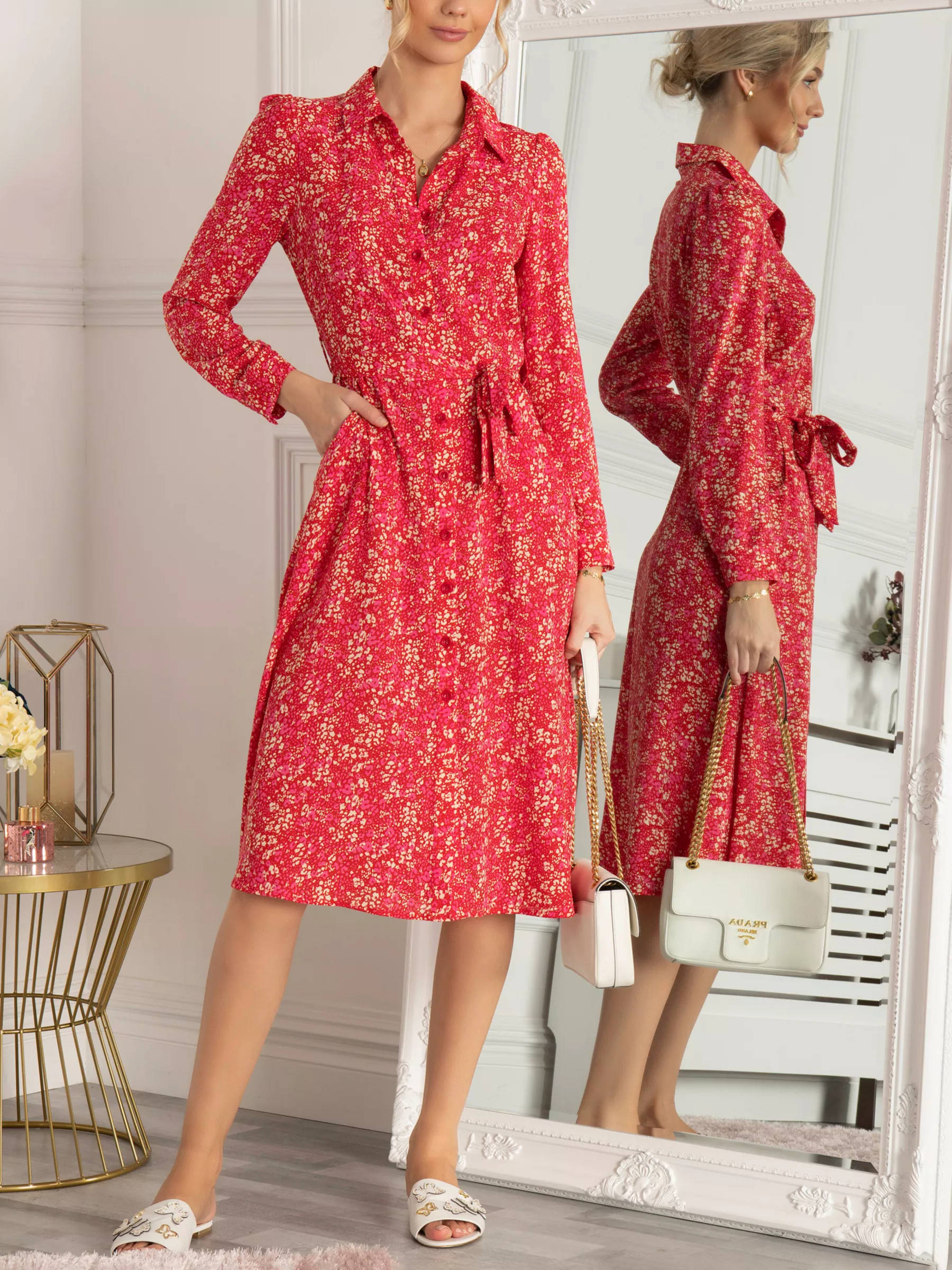 Rouje, red floral dress, mirror, Full HD Phone Wallpaper