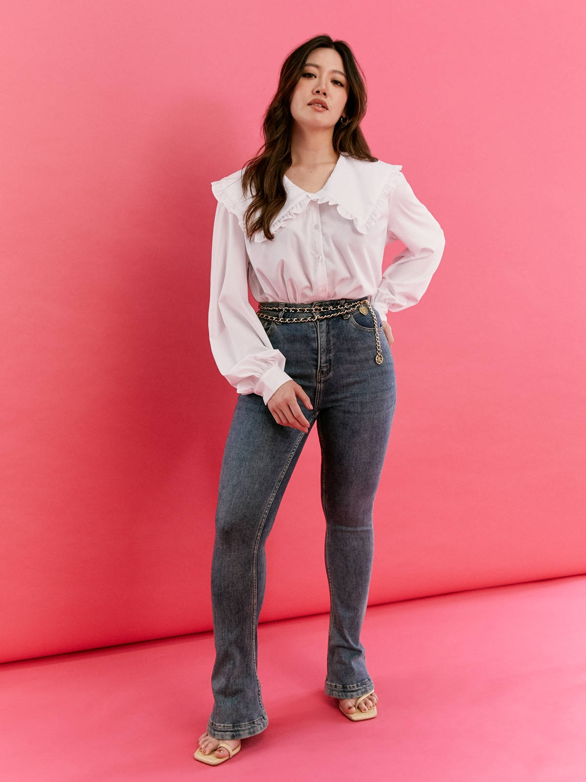 Rouje, pink wall, white ruffled blouse, HD Phone Wallpaper