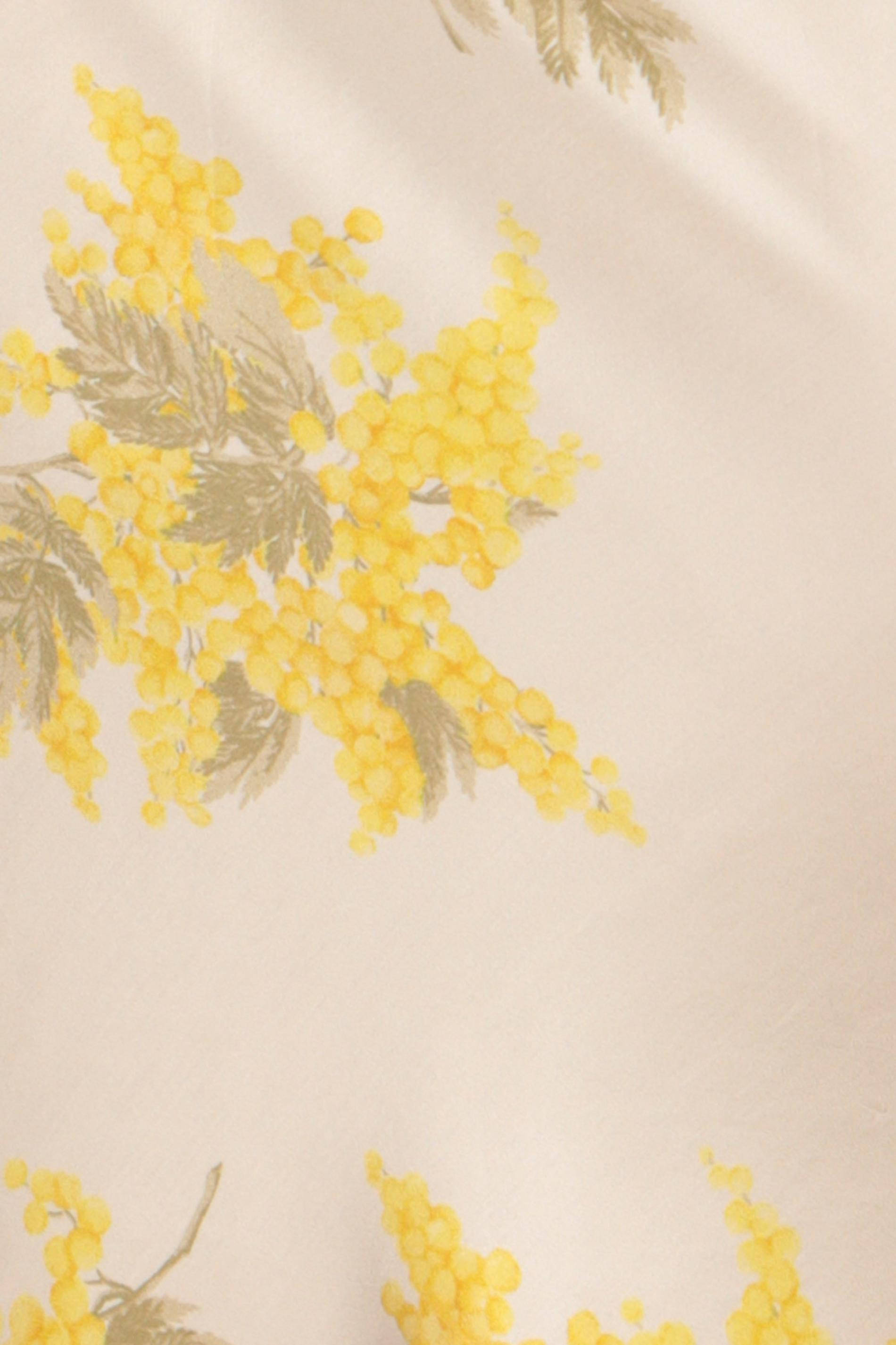 Rouje, zoomed in dress, vibrant yellow mimosa blossoms, 2K Phone Wallpaper