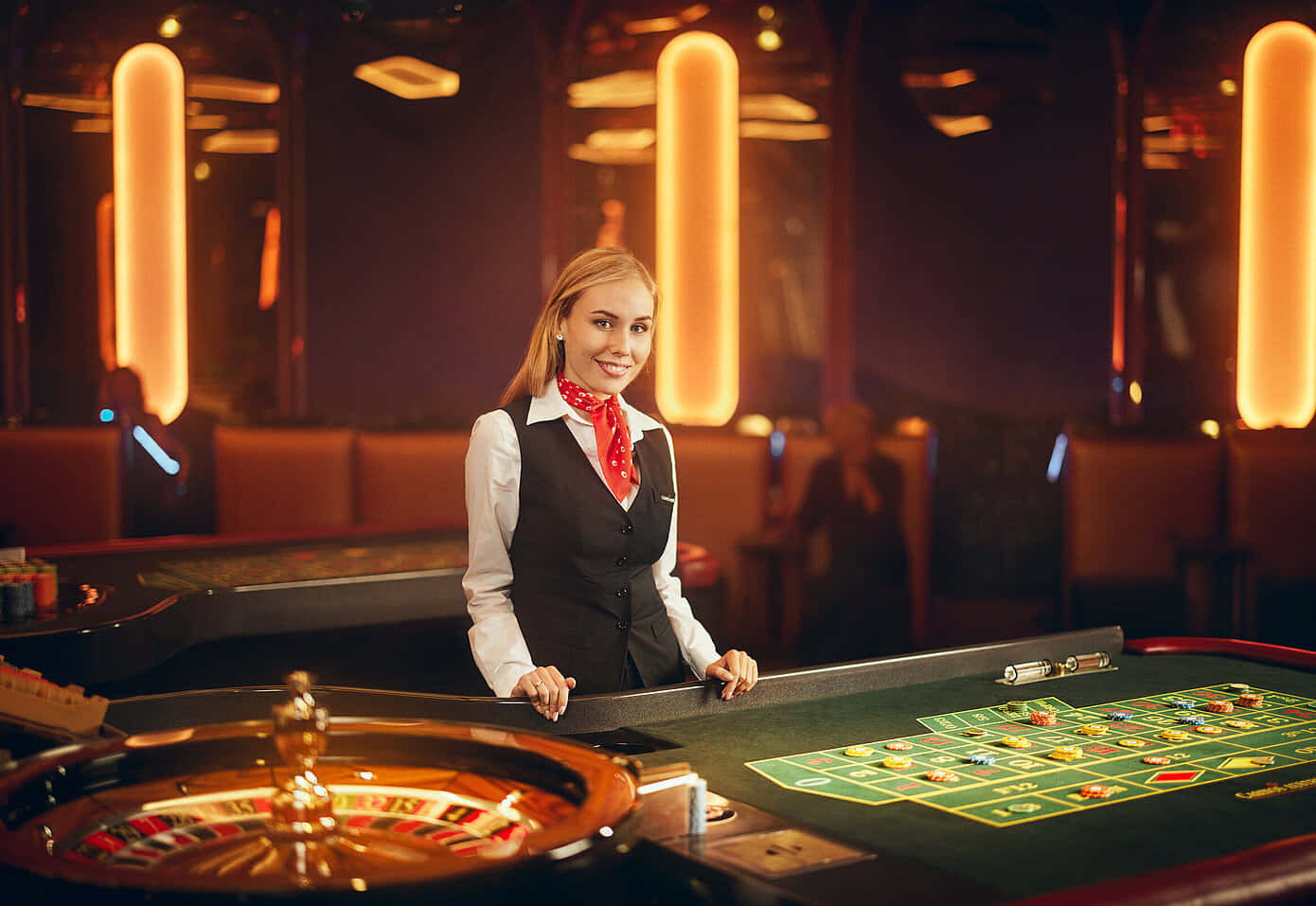 casino dealer, roulette table, warm glowing vertical lights, HD Desktop Wallpaper