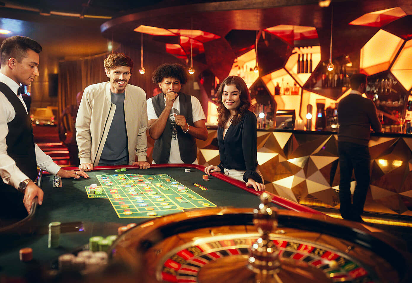 roulette table, casino, geometric bar backdrop, HD Desktop Wallpaper
