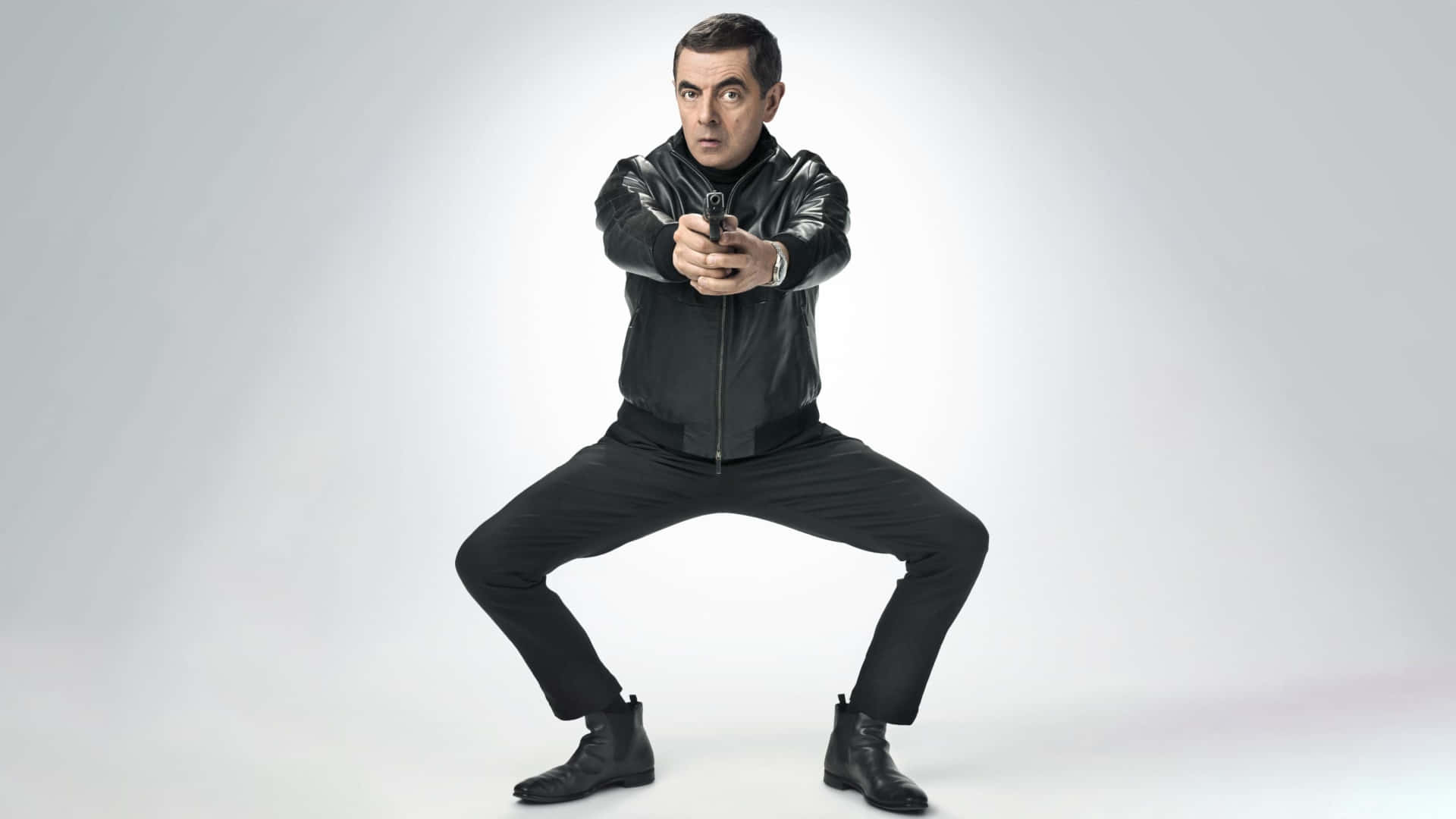 Rowan Atkinson, black leather jacket, pants, Full HD Desktop Wallpaper