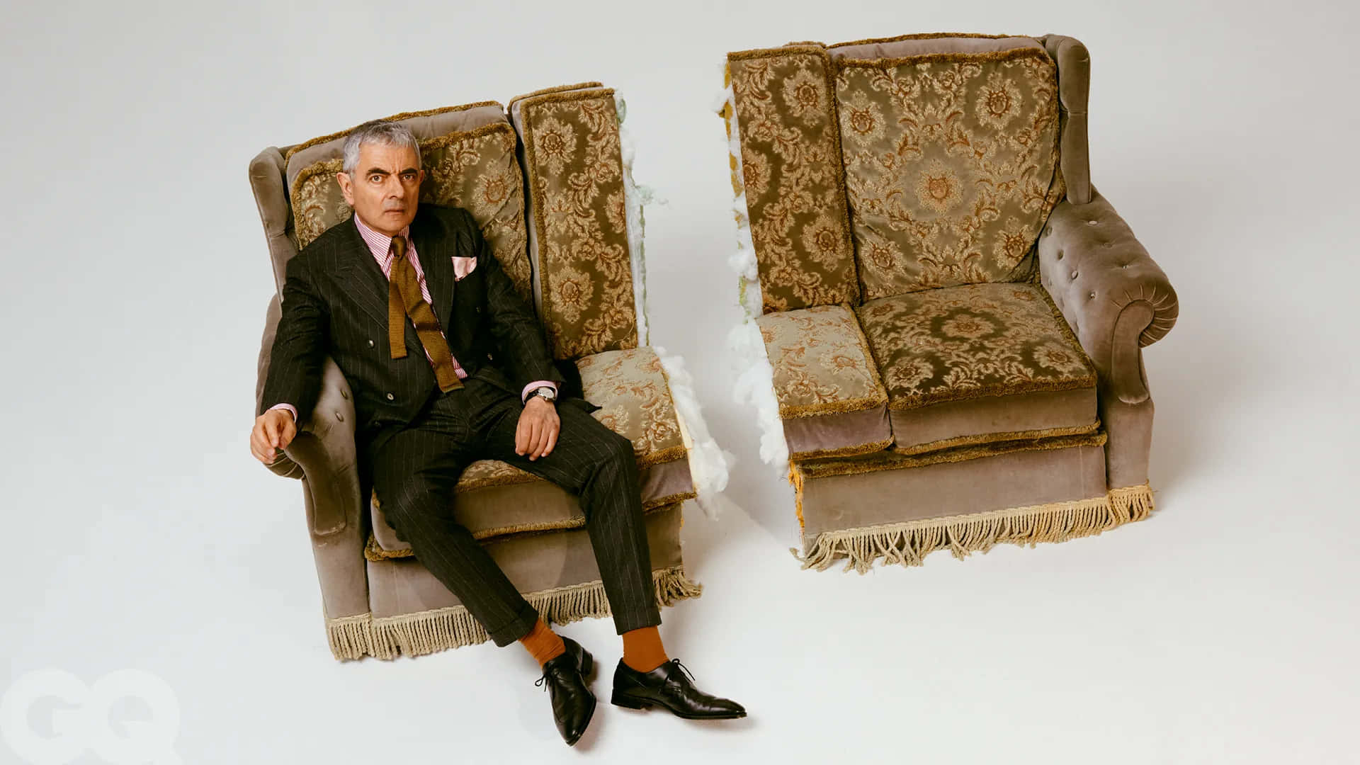 Rowan Atkinson, pinstripe suit, ornate armchair, Full HD Desktop Wallpaper