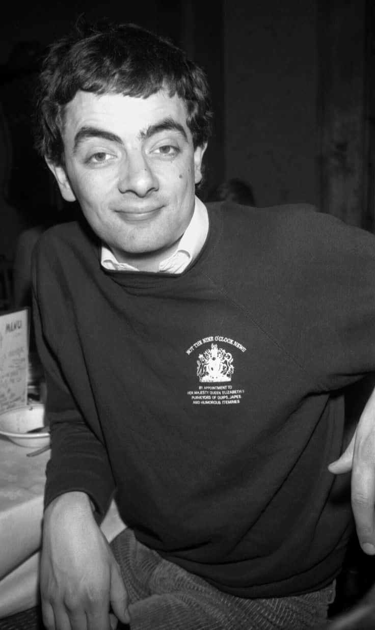 Rowan Atkinson, classic expression, black and white portrait, SD Phone Wallpaper