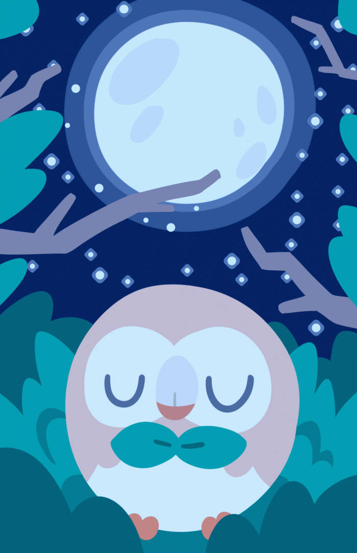 Rowlet, teal bowtie, full moon, SD Phone Wallpaper