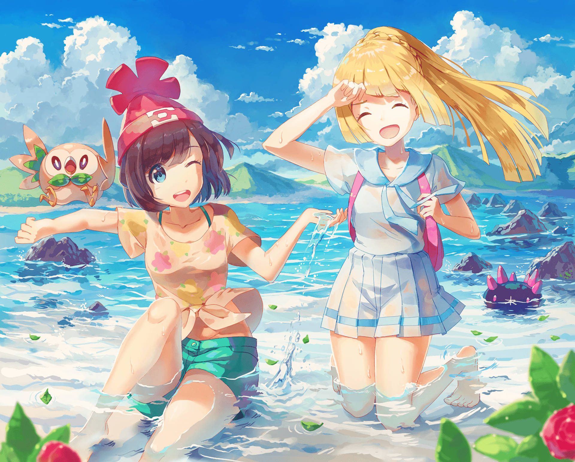 Rowlet, Water Lillie Selene, anime girls, Full HD Desktop Wallpaper