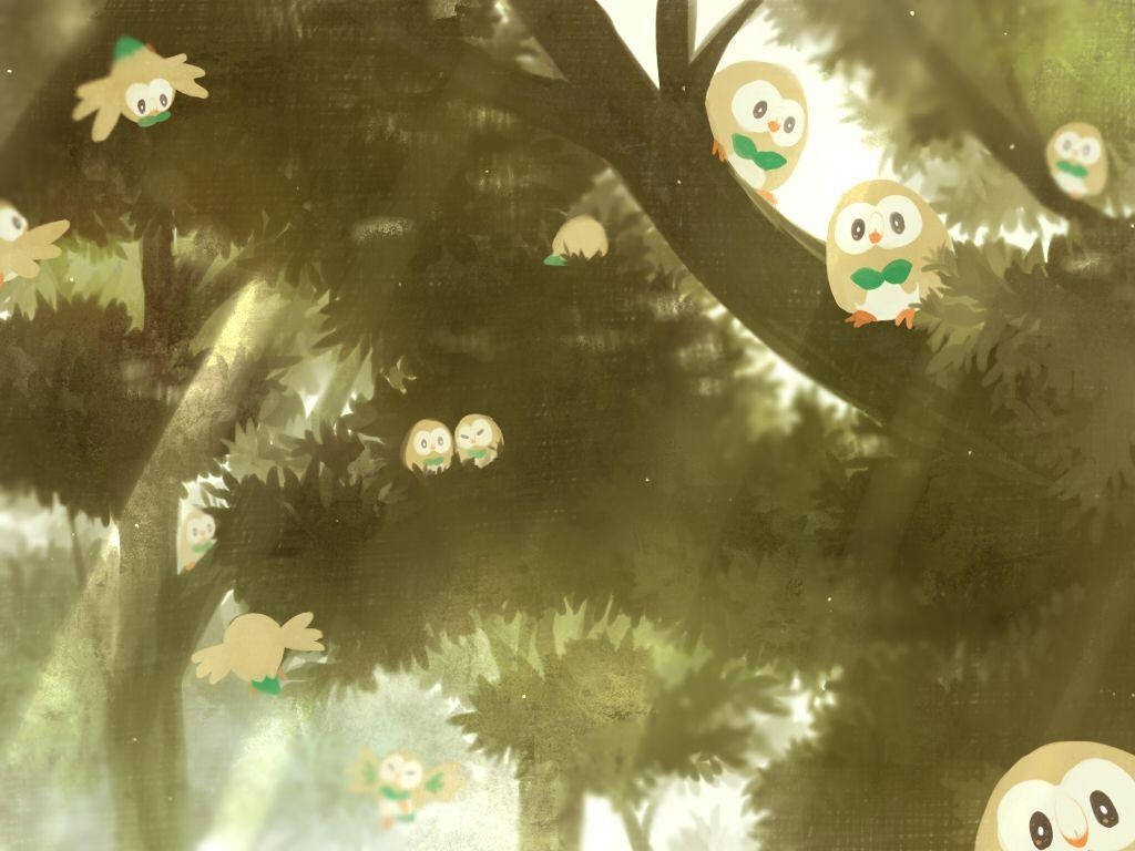 Rowlet, sepia forest, green bowties, SD Desktop Wallpaper