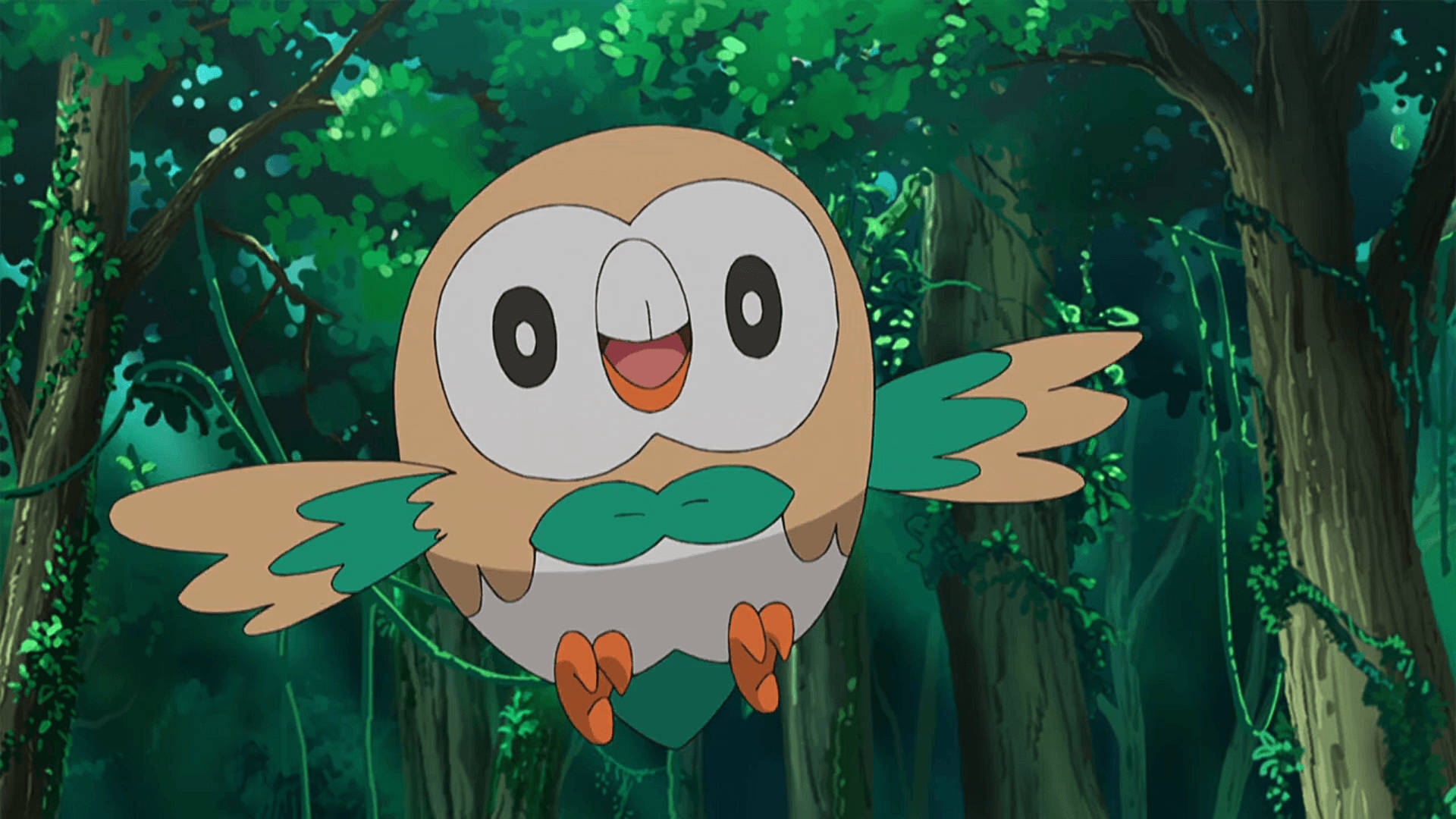 Rowlet, anime, forest, Full HD Desktop Wallpaper