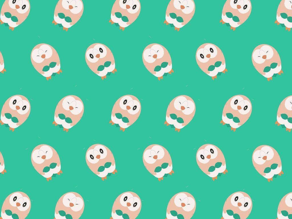 Rowlet, green leaf patterns, solid teal background, SD Desktop Wallpaper