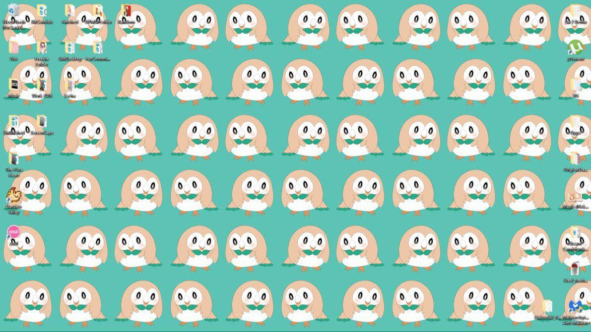 Rowlet, teal background, cute cartoon owl characters, SD Desktop Wallpaper