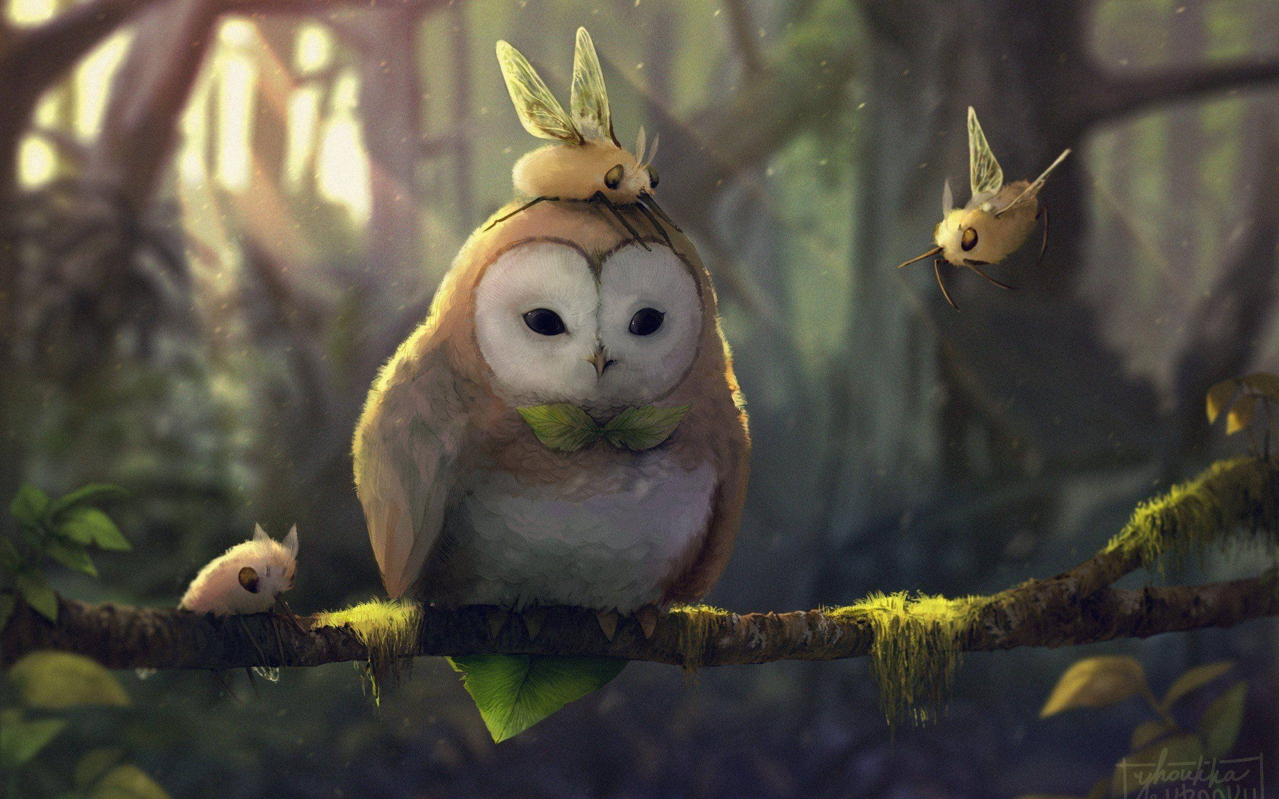 Rowlet, green bow, mossy branch, 2K Desktop Wallpaper