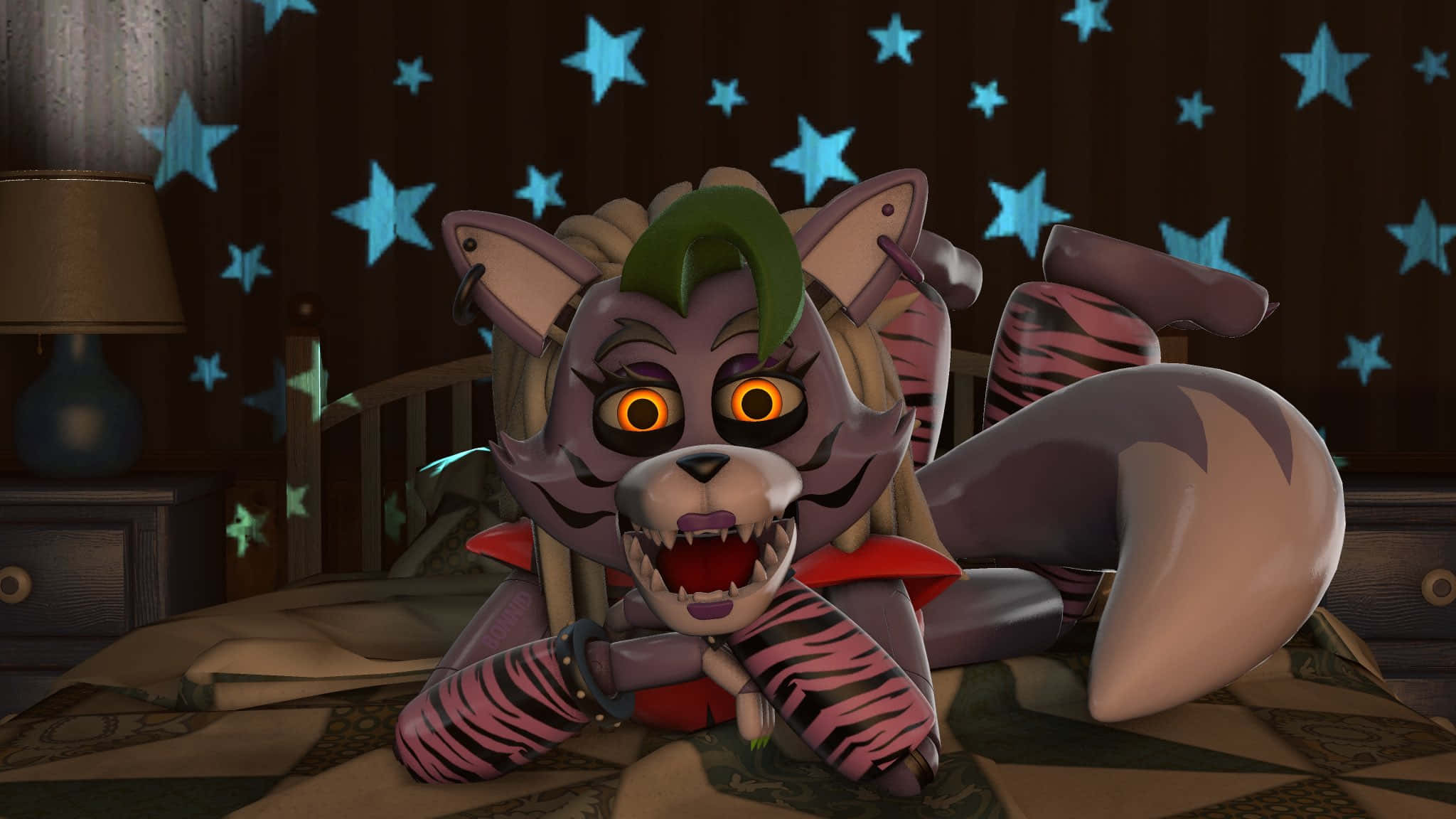 Roxanne Wolf, tiger-striped animatronic, glowing orange eyes, Full HD Desktop Wallpaper