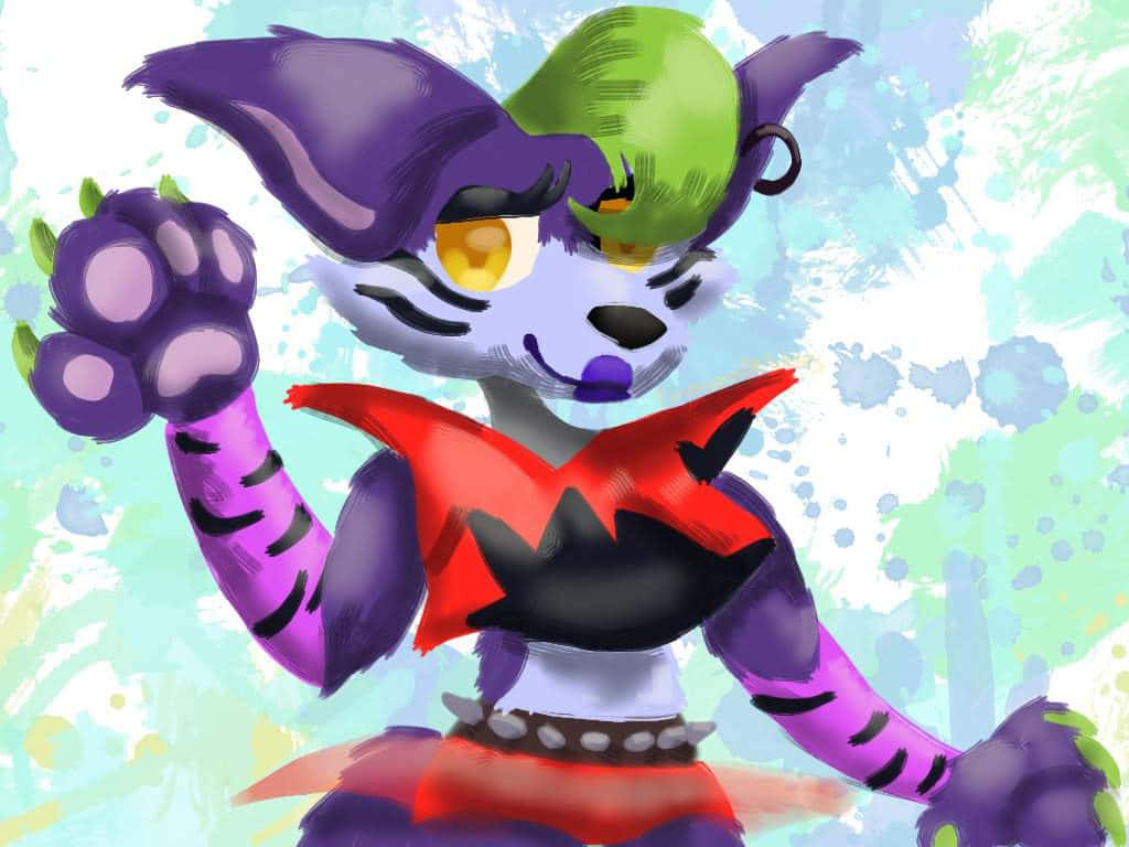 Roxanne Wolf, purple anthropomorphic cat, green hair, SD Desktop Wallpaper