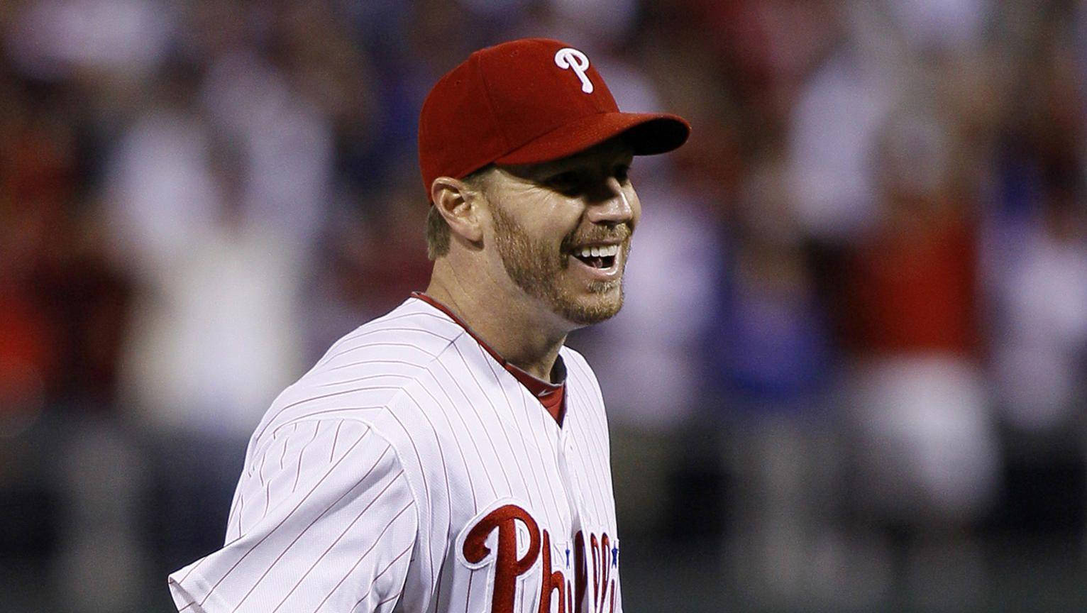 Roy Halladay, red cap, white pinstripe uniform, HD Desktop Wallpaper