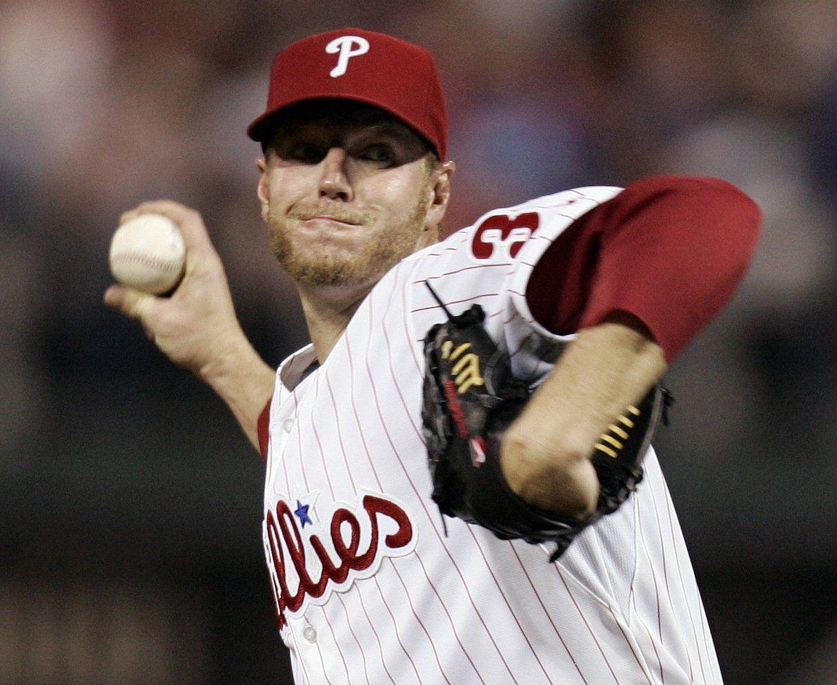 Roy Halladay, red and white pinstripe uniform, mid-throw, SD Desktop Wallpaper