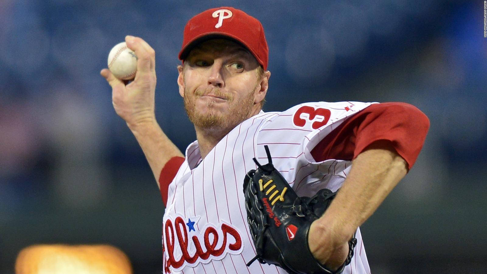 Roy Halladay, red cap, white pinstripe uniform, HD Desktop Wallpaper