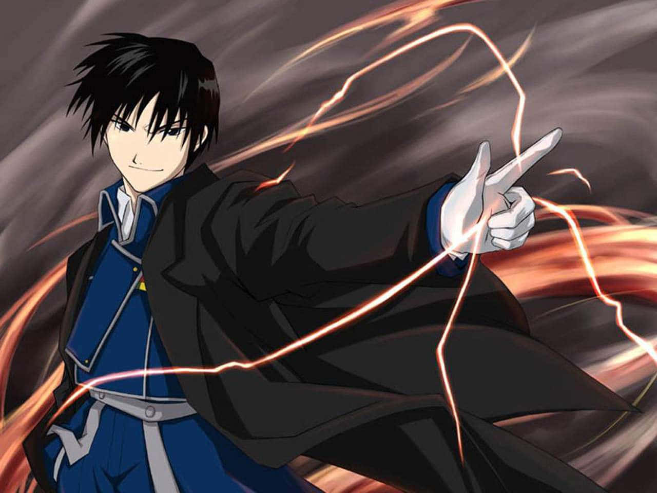 Roy Mustang, blue uniform, glowing orange energy, HD Desktop Wallpaper