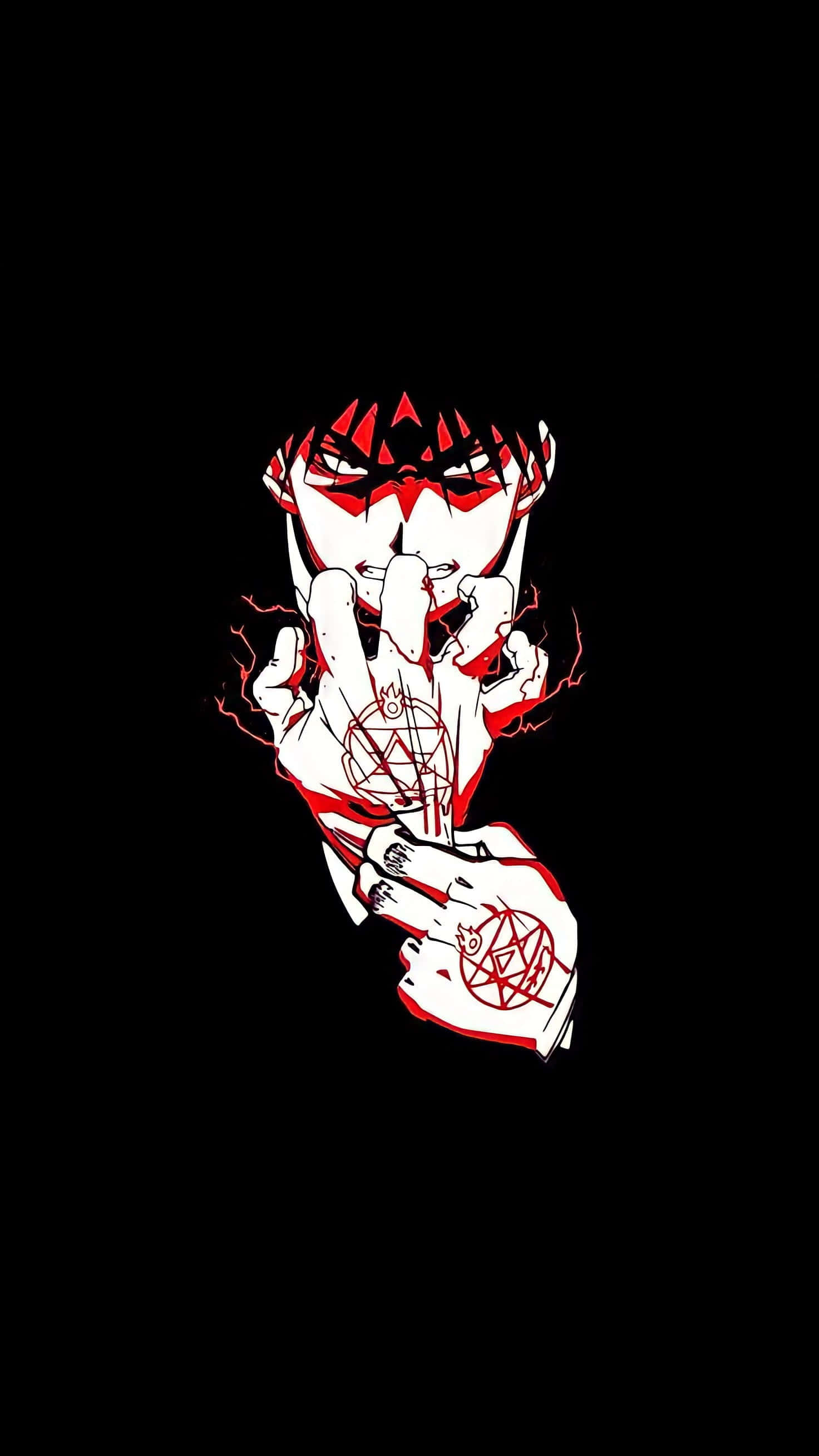 Roy Mustang, red markings, pentagram tattoos, 2K Phone Wallpaper
