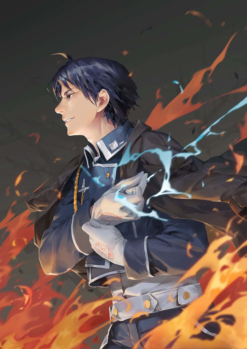Roy Mustang, blue lightning, swirling orange flames, HD Phone Wallpaper