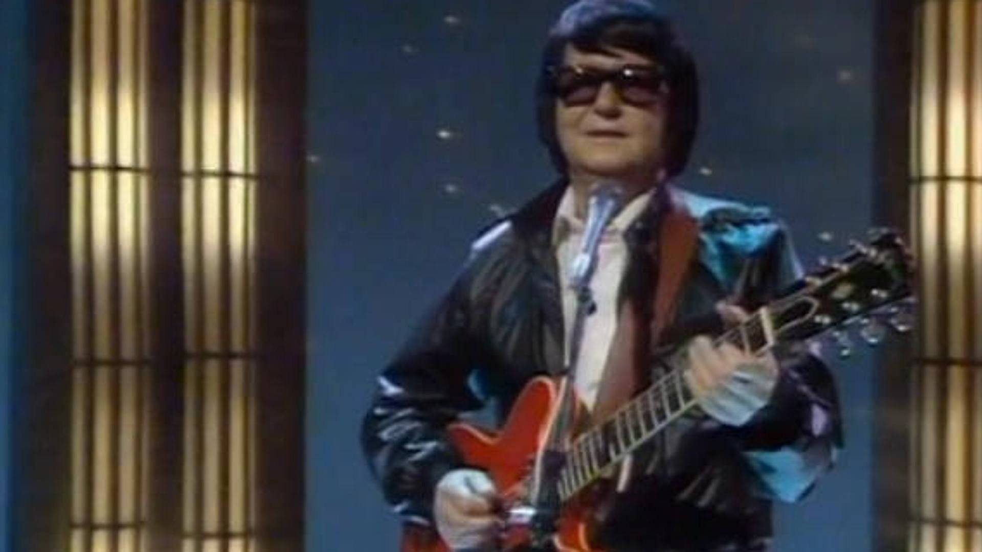 Roy Orbison, red electric guitar, glowing vertical panels, Full HD Desktop Wallpaper