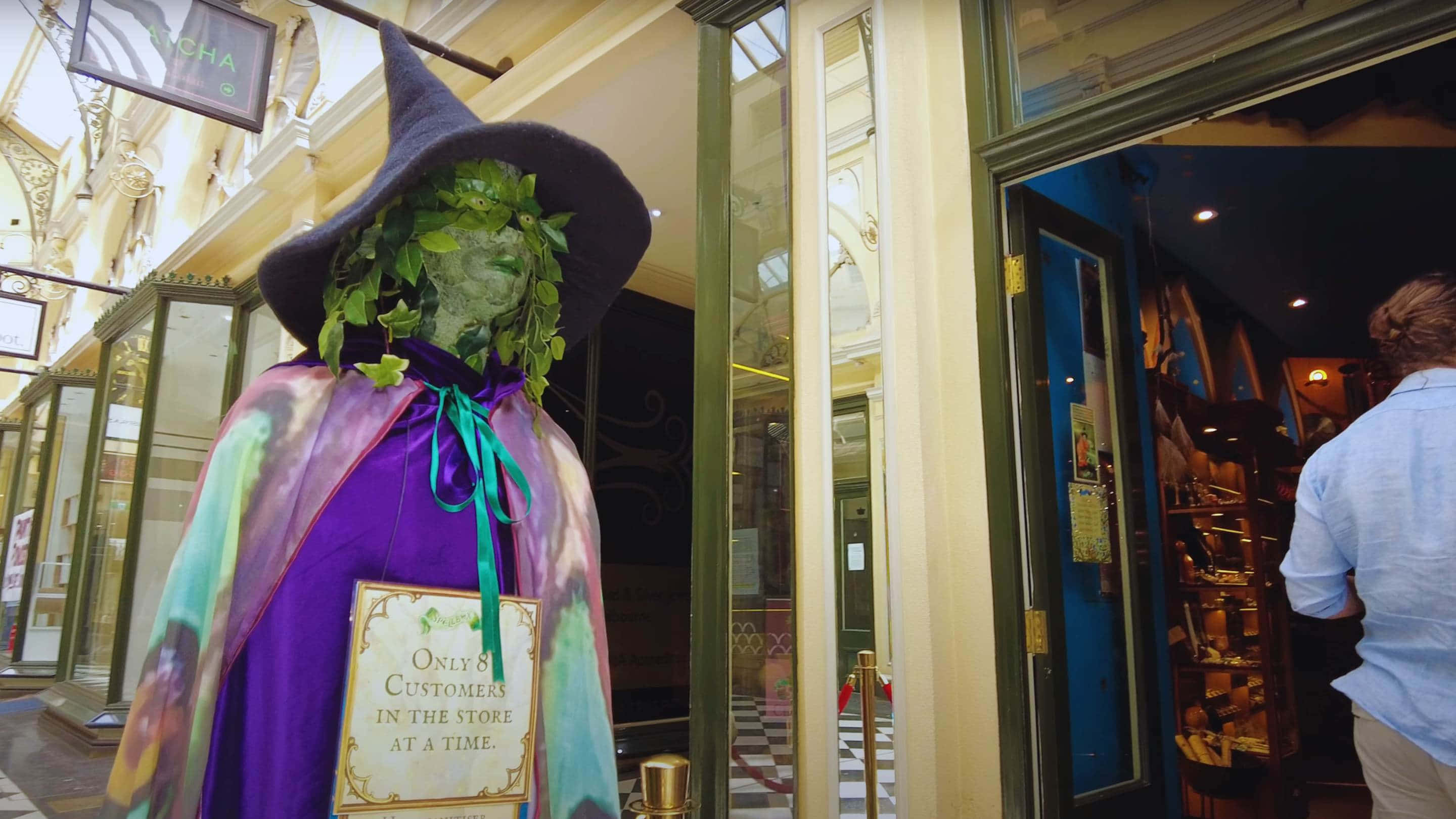 Royal Arcade Melbourne, witch mannequin, leaf-covered face, 2K Desktop Wallpaper