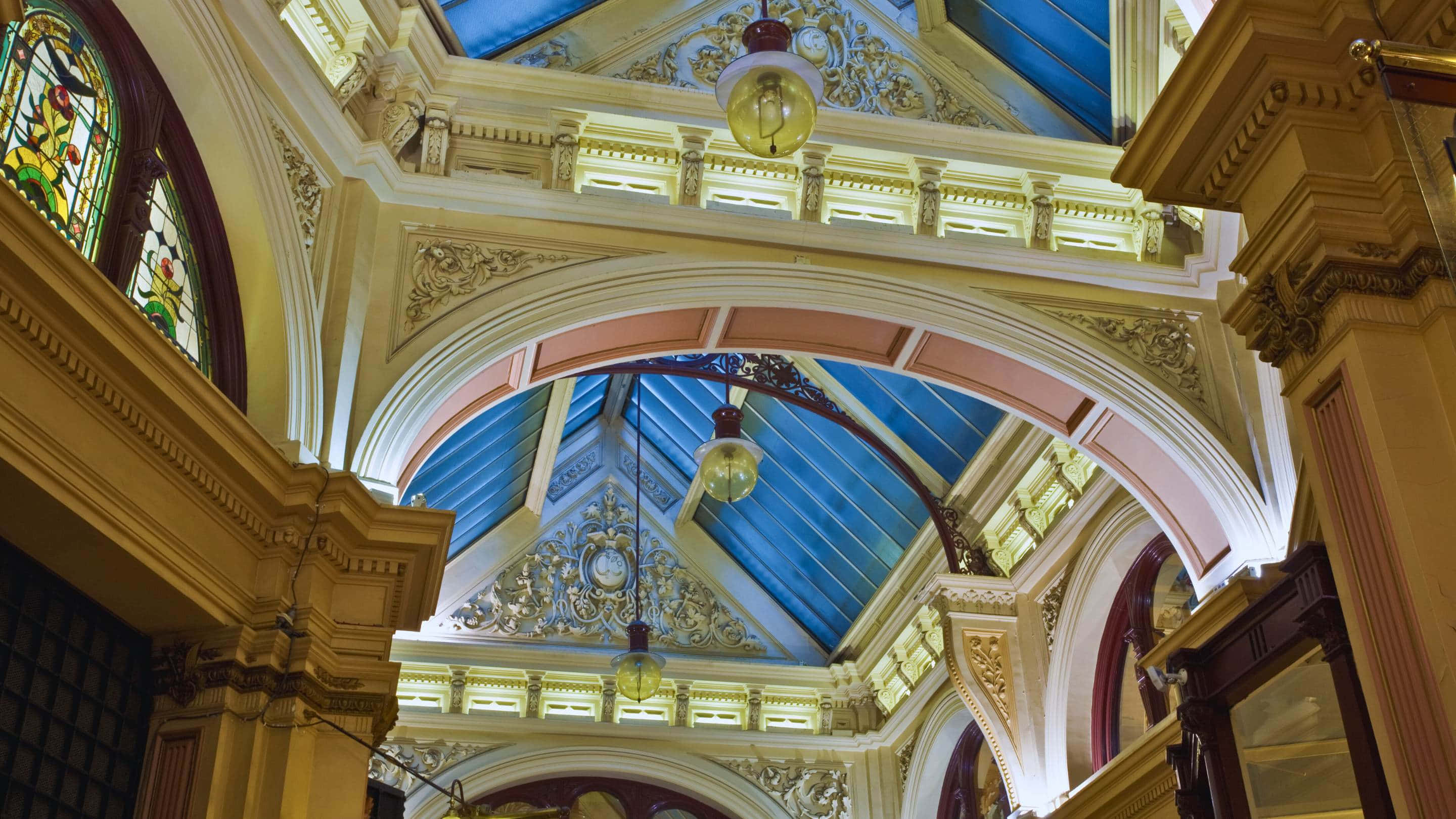 Royal Arcade Melbourne, ornate ceiling, blue panels, 2K Desktop Wallpaper