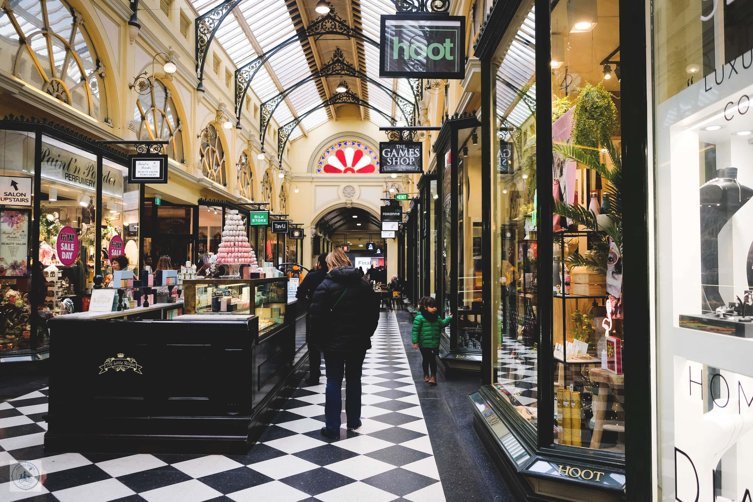 Royal Arcade Melbourne, black and white checkered floors, ornate glass ceilings, Full HD Desktop Wallpaper