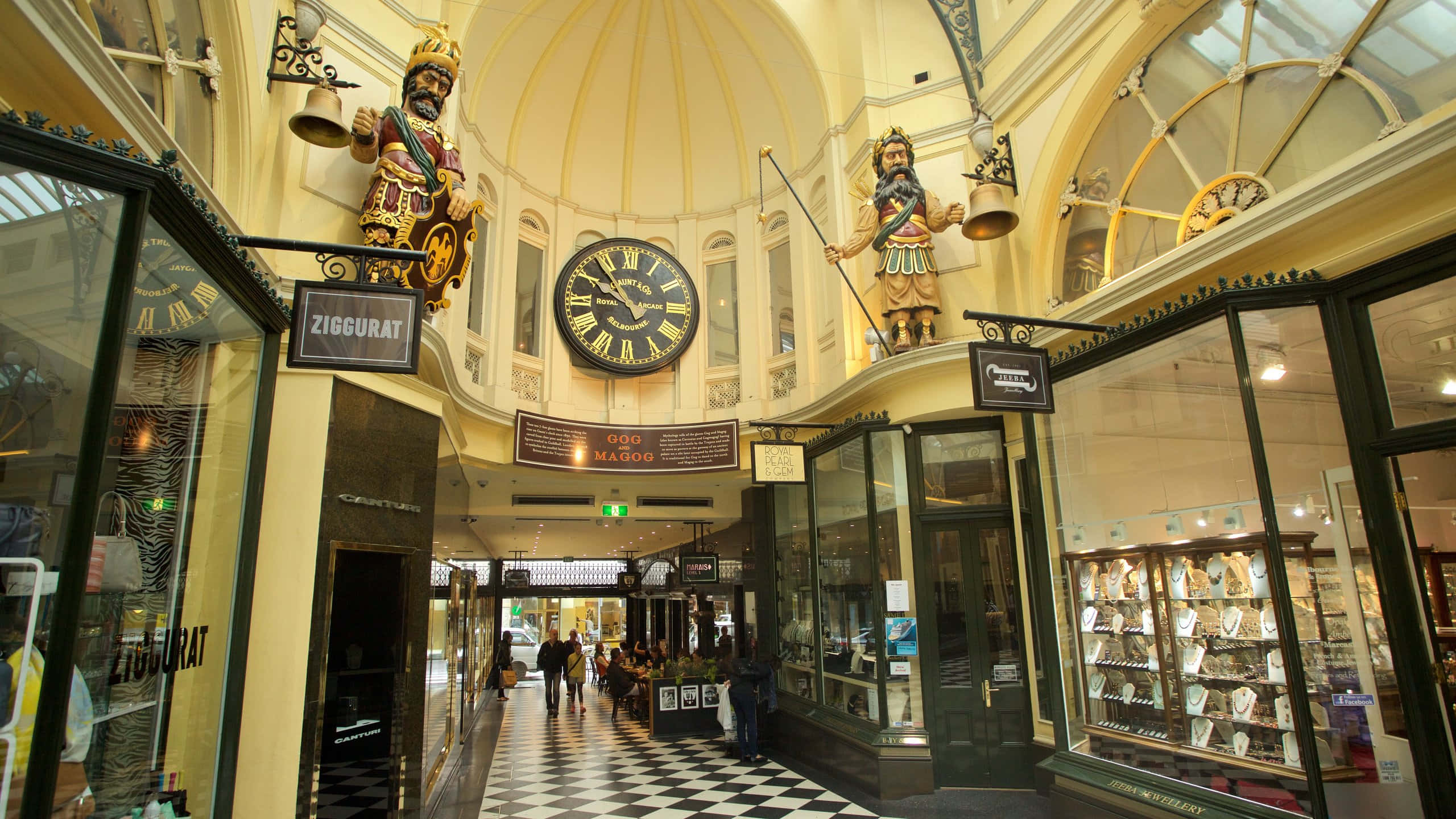 Royal Arcade Melbourne, clock, glass storefronts, 2K Desktop Wallpaper