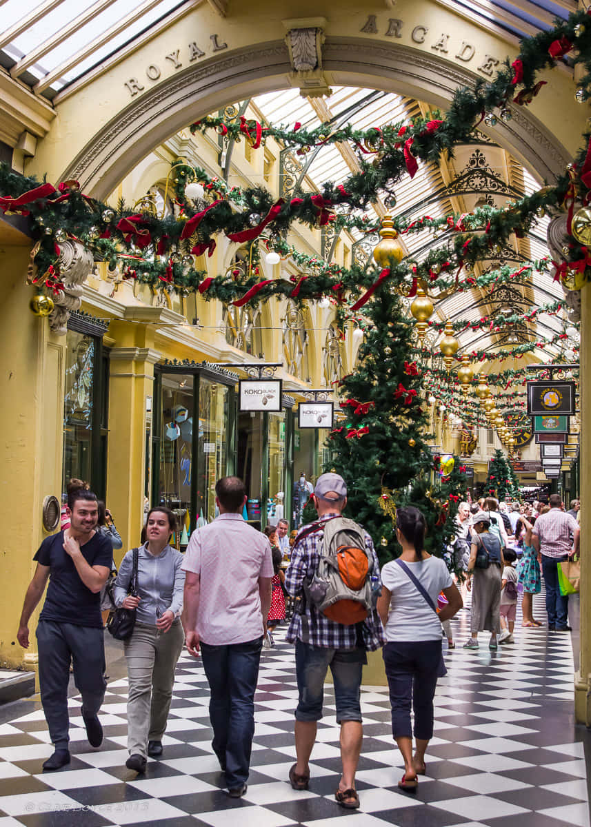 Royal Arcade Melbourne, grand arched glass ceiling, festive green garlands, SD Phone Wallpaper
