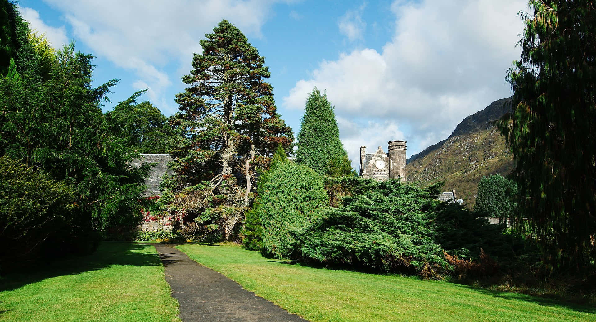 Royal Botanic Garden Edinburgh, pathway, stone clock tower, Full HD Desktop Wallpaper