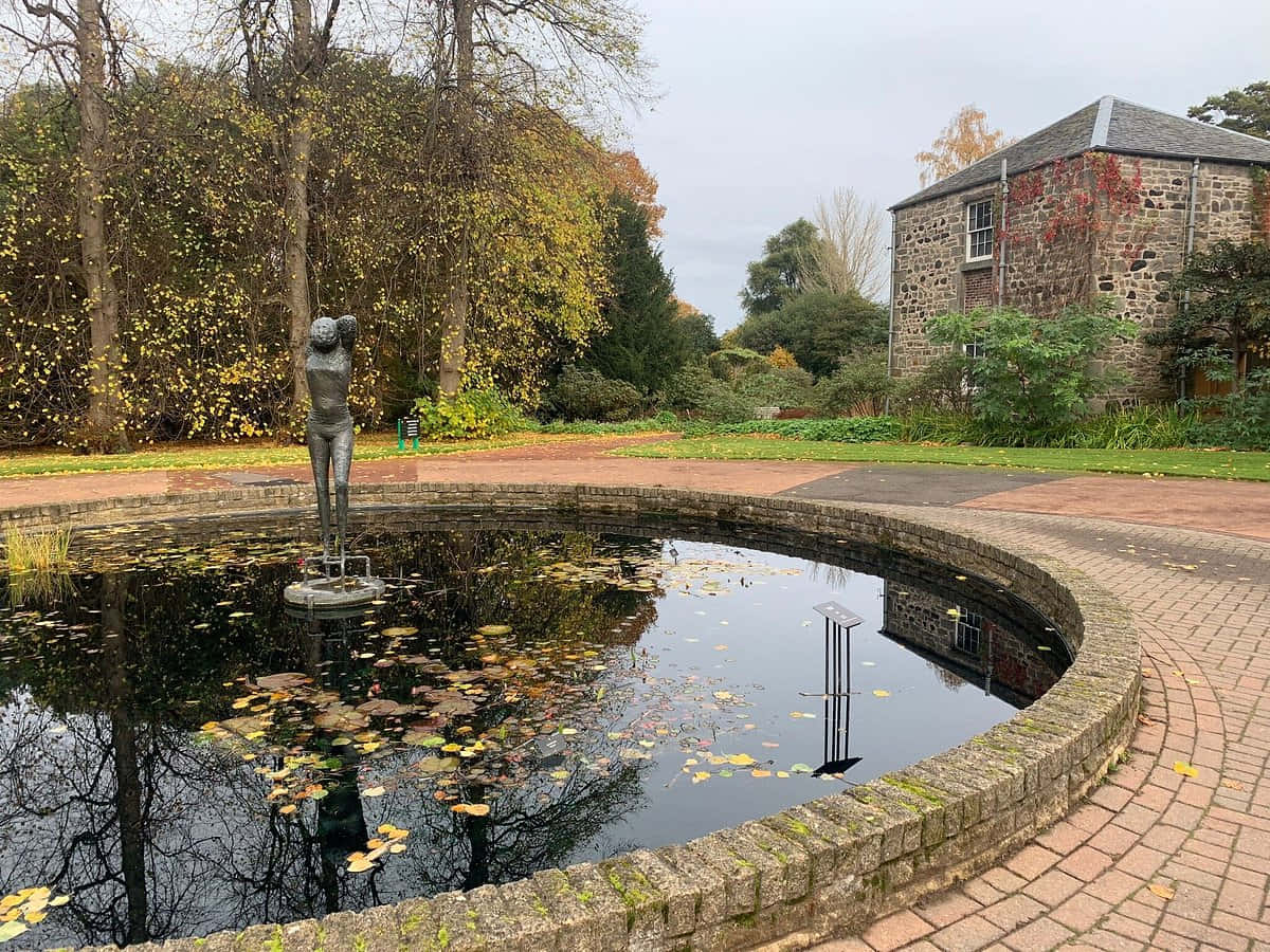 Royal Botanic Garden Edinburgh, autumn trees, circular stone fountain, SD Desktop Wallpaper