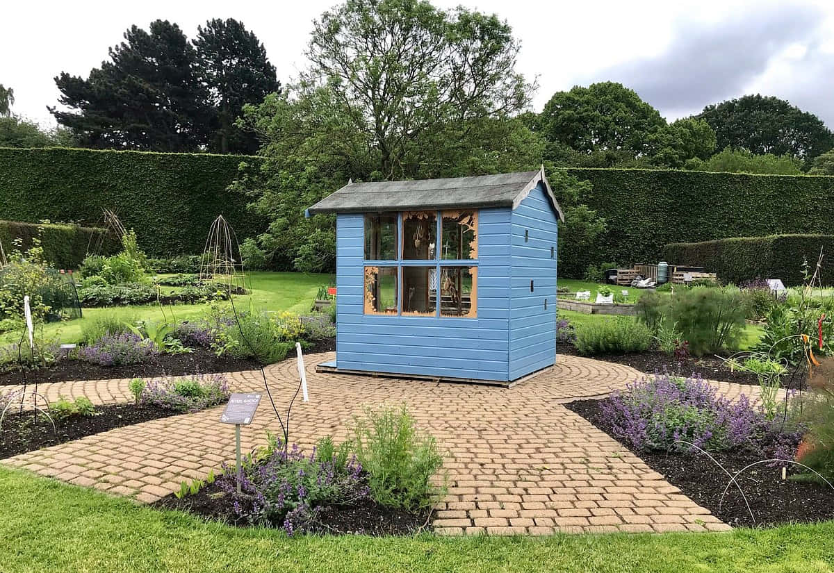 Blue Garden Shed, Royal Botanic Garden Edinburgh, wooden trim, SD Desktop Wallpaper