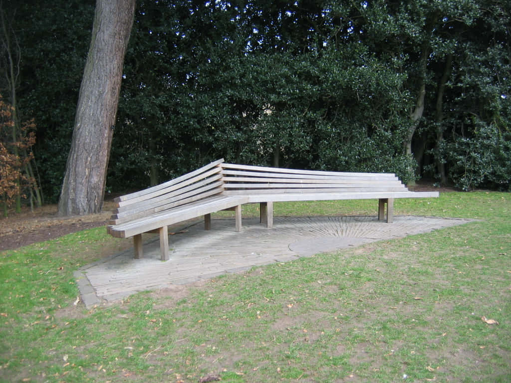 curved wooden bench, Royal Botanic Garden Edinburgh, slatted design, SD Desktop Wallpaper