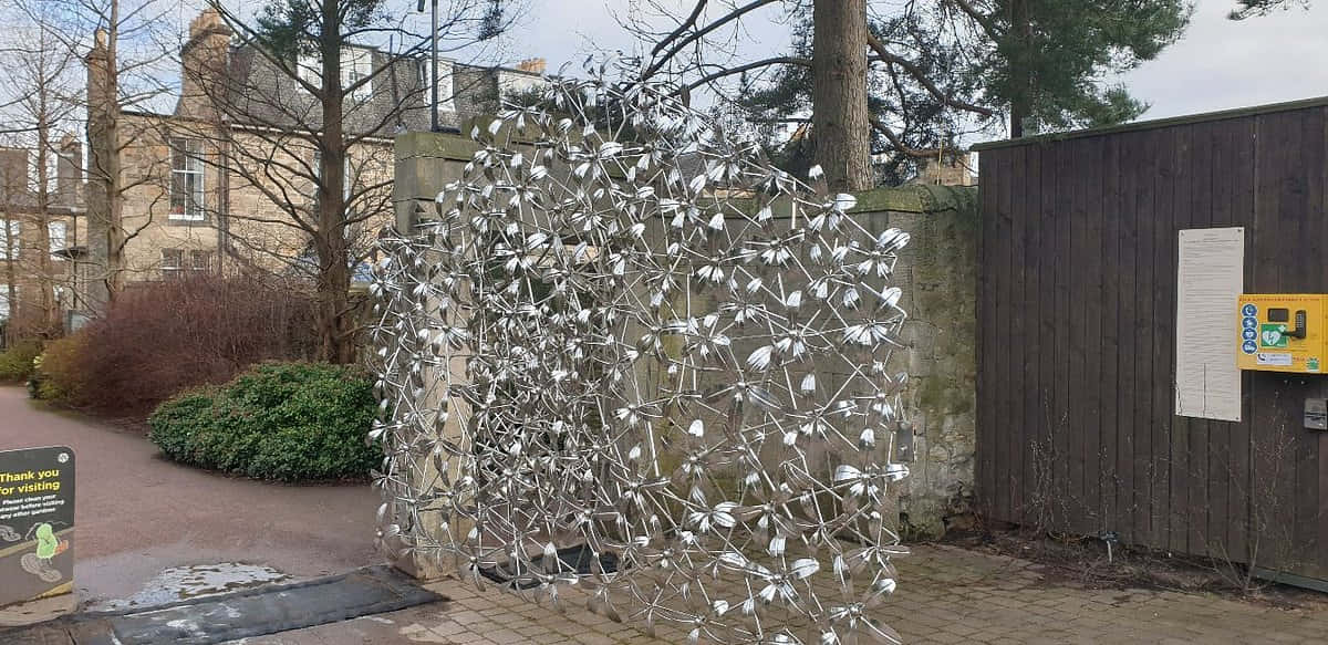 metallic butterfly sculpture, Royal Botanic Garden Edinburgh, shimmering silver metal, SD Desktop Wallpaper