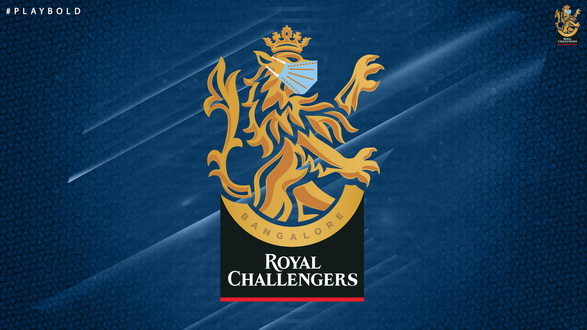Royal Challengers Bangalore, golden crowned lion, blue surgical mask, Full HD Desktop Wallpaper