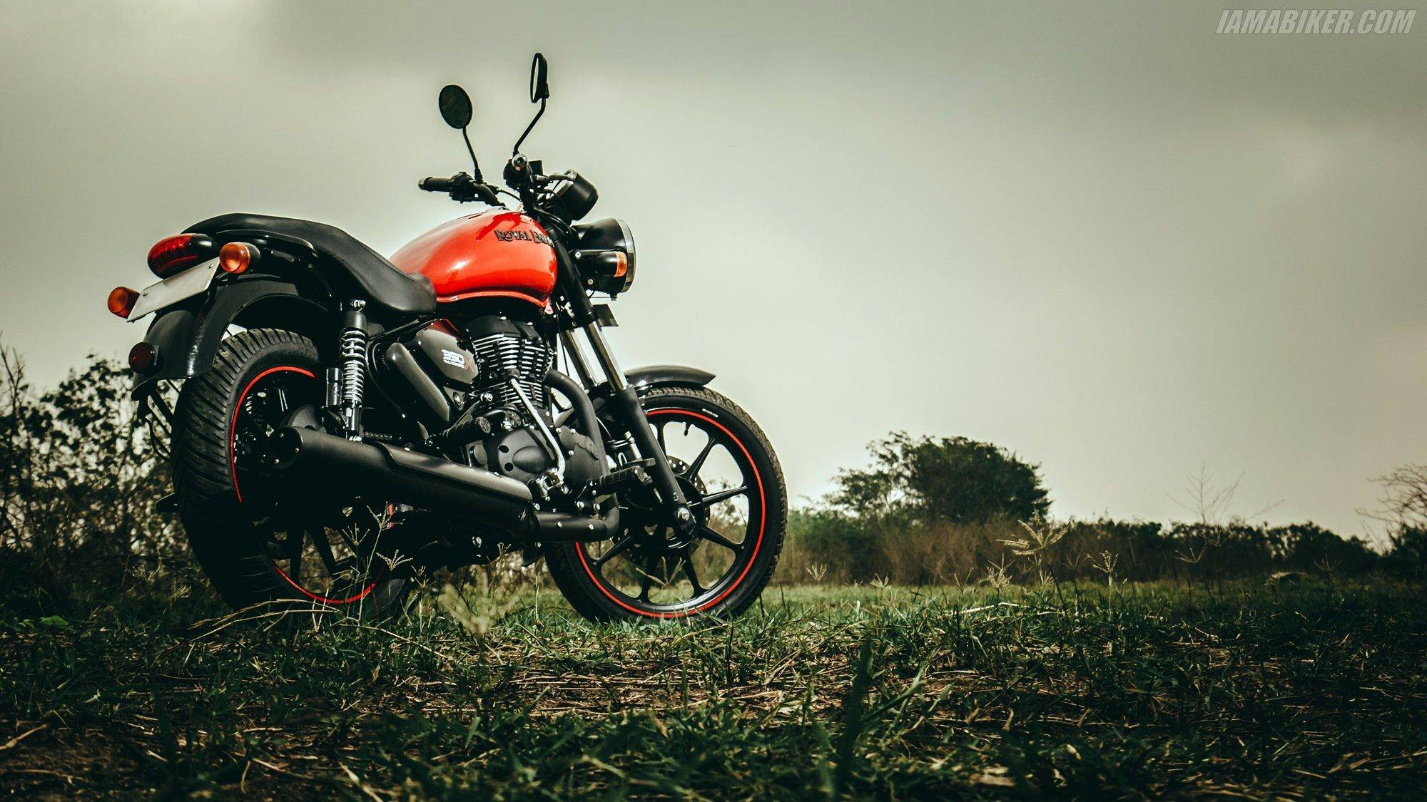Royal Enfield HD, red and black, grass field, Full HD Desktop Wallpaper