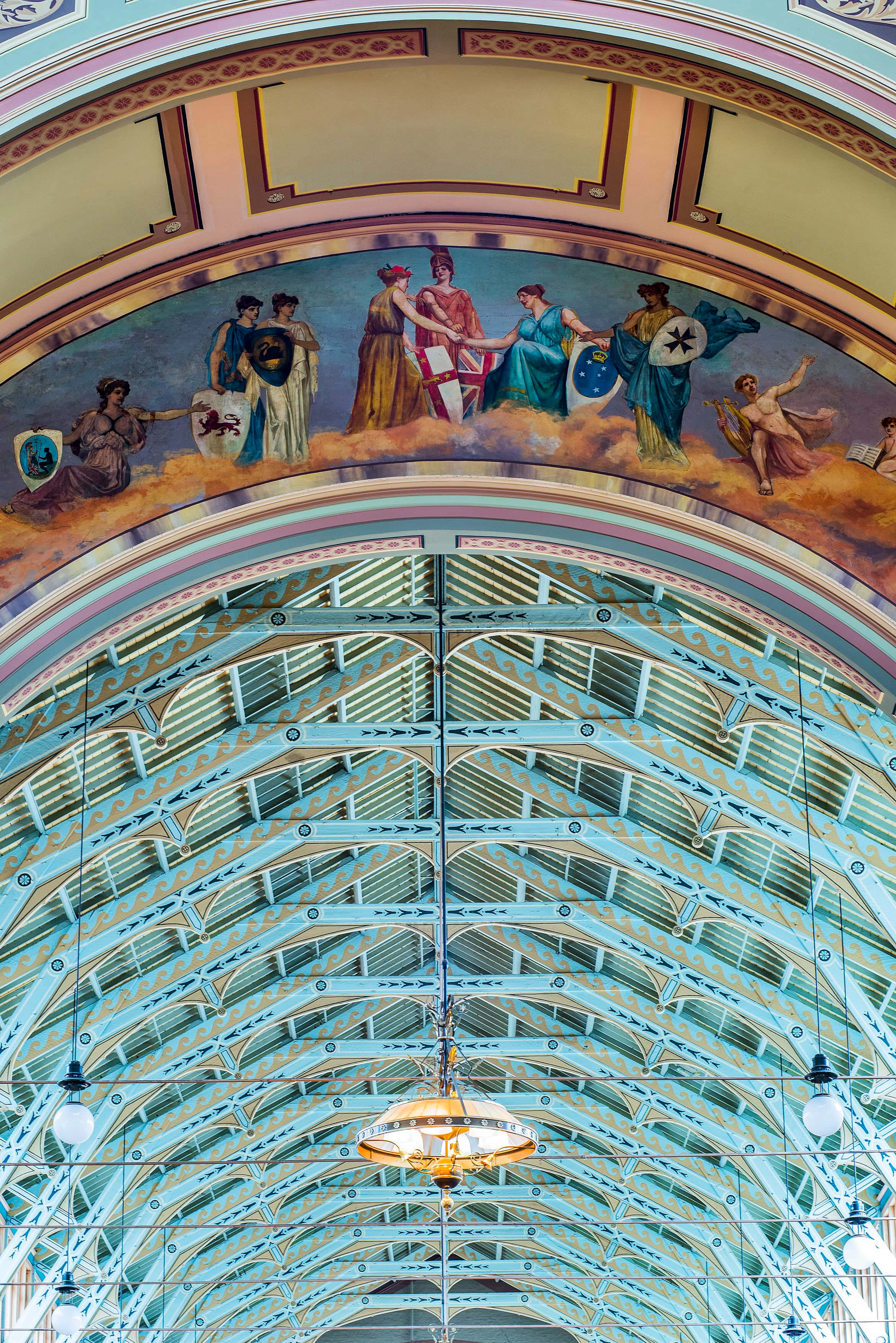 Royal Exhibition Building, arched ceiling, ornate blue metalwork, 2K Phone Wallpaper