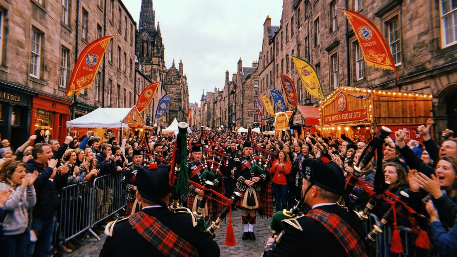 Royal Mile, bagpipes, crowds, Full HD Desktop Wallpaper