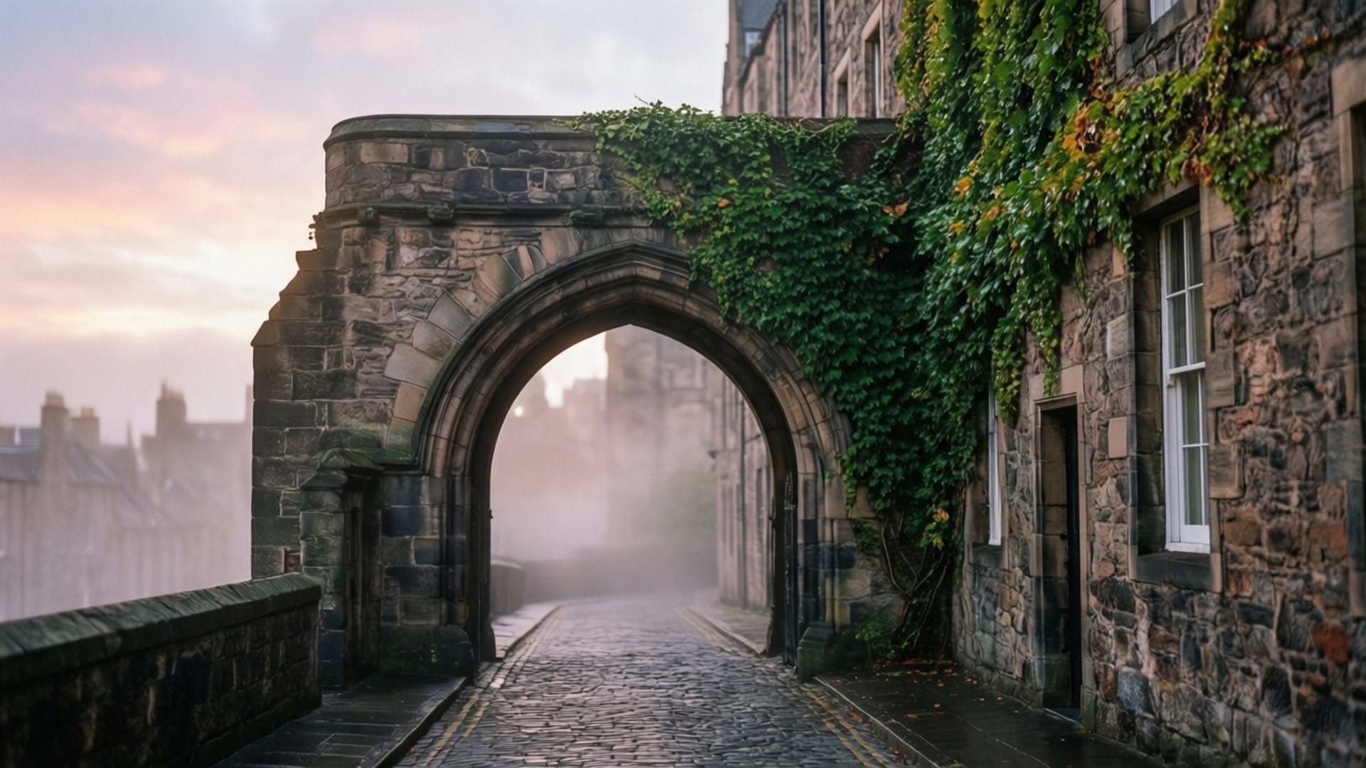 Royal Mile, stone archway, morning mist, Full HD Desktop Wallpaper