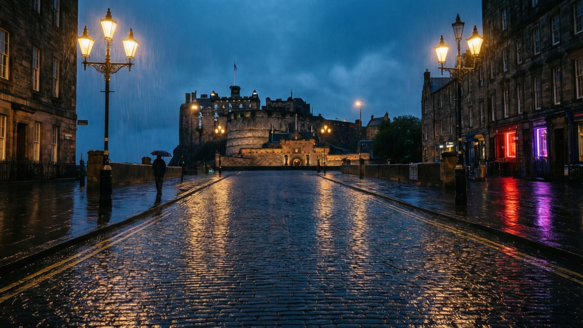 Royal Mile, dusk, rain, Full HD Desktop Wallpaper