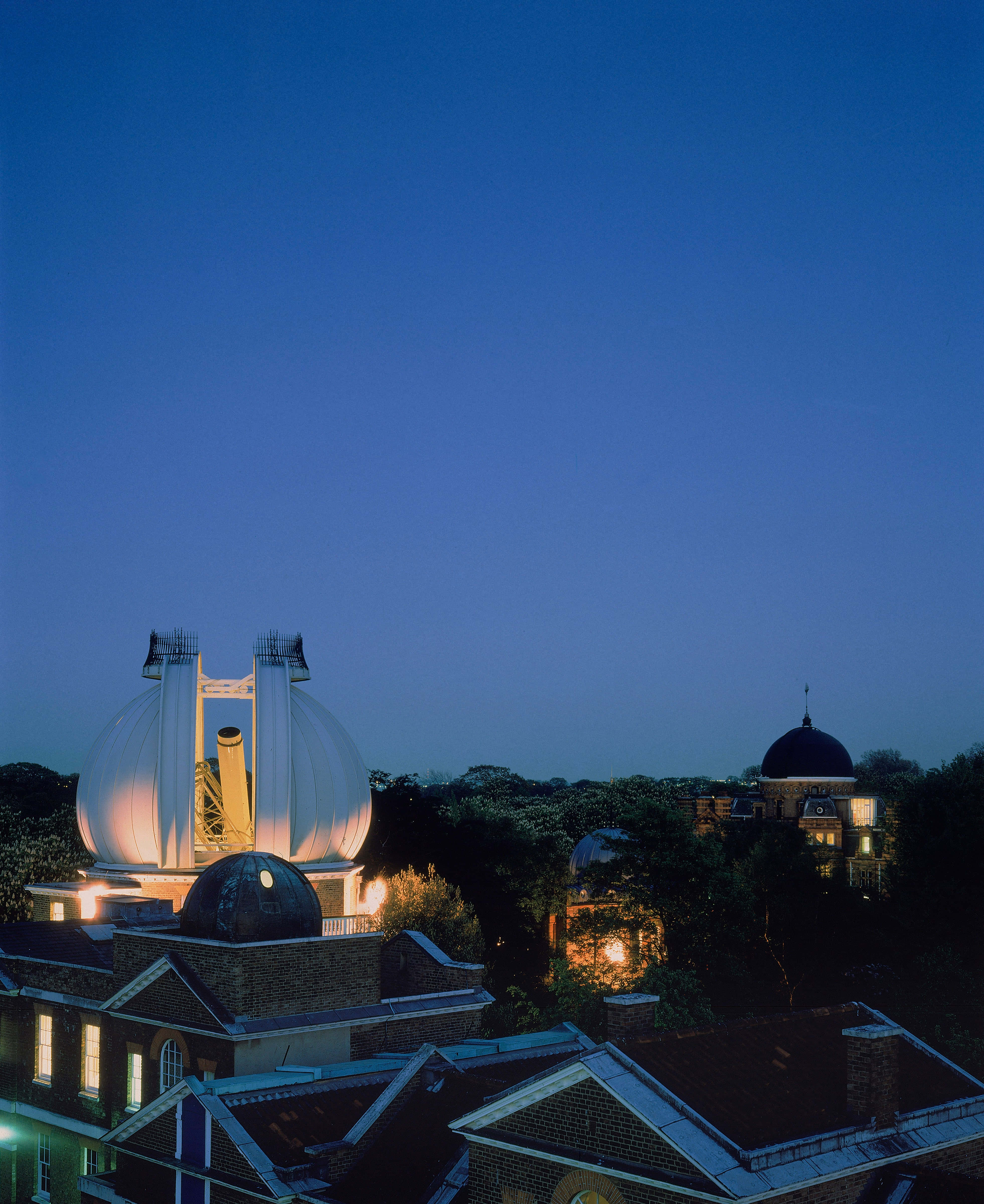 Royal Observatory, glowing white domes, brick buildings, 4K Phone Wallpaper