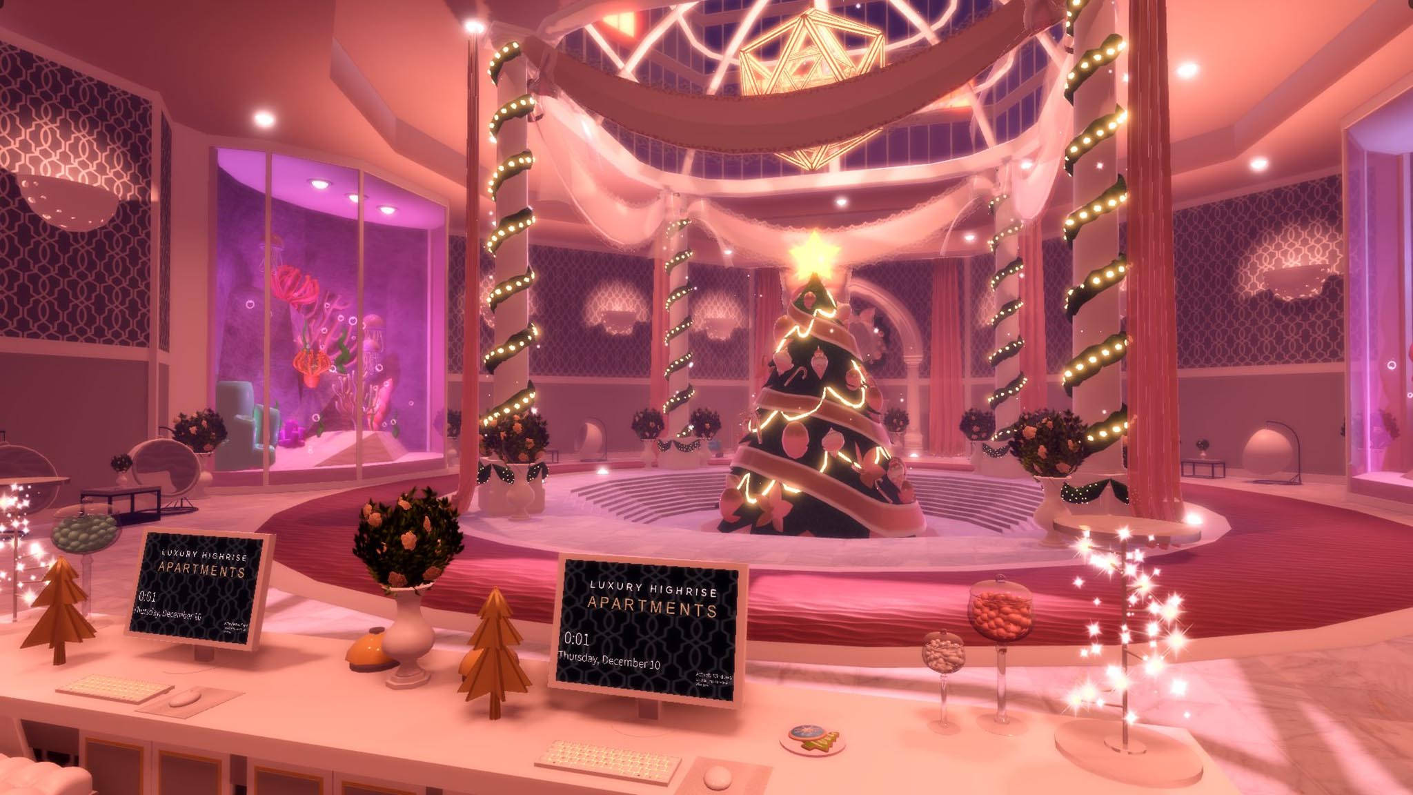 Royale High, futuristic luxury apartment lobby, glowing pink and gold Christmas tree, Full HD Desktop Wallpaper