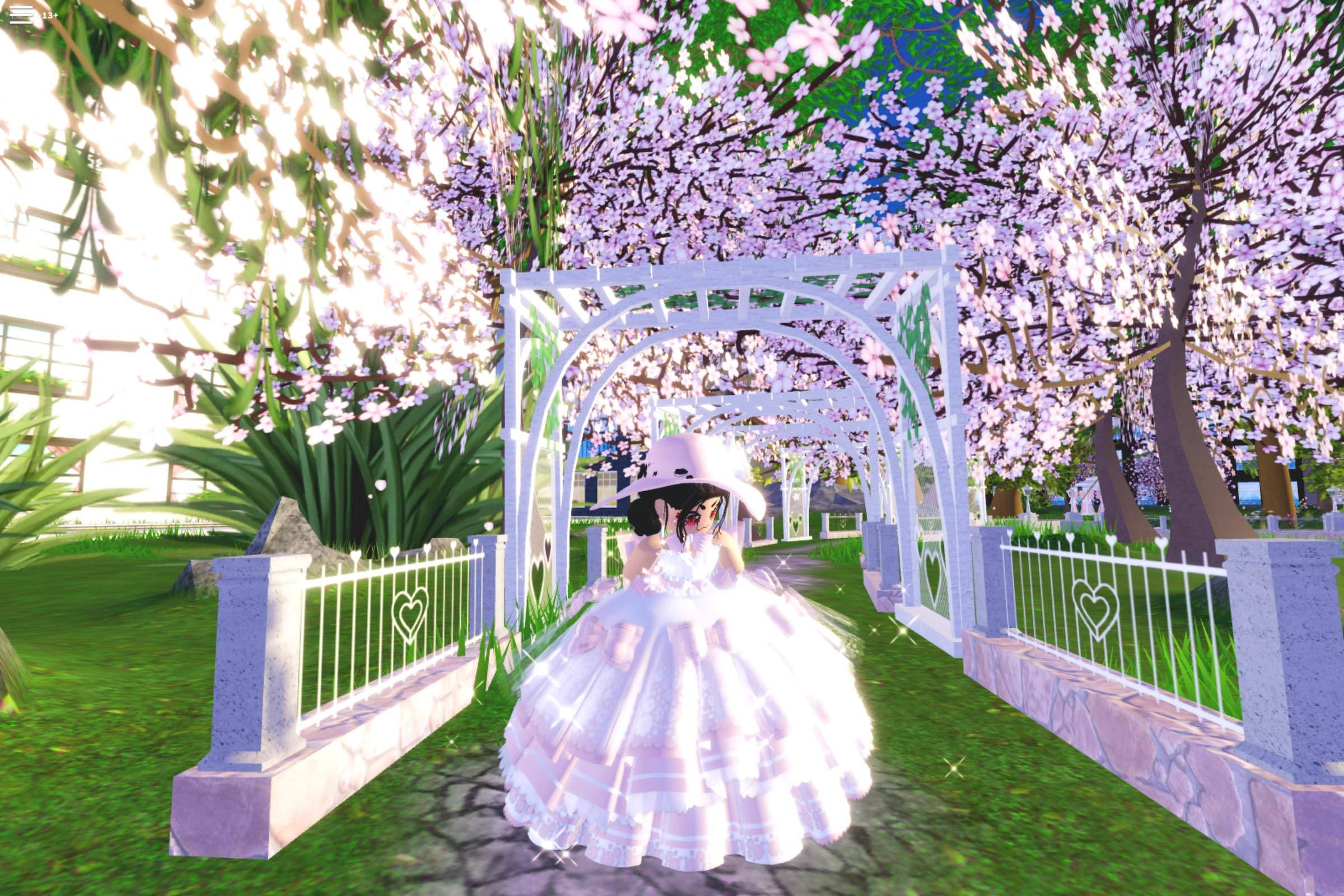 Royale High, park pathwalk, white frilly dress, Full HD Desktop Wallpaper